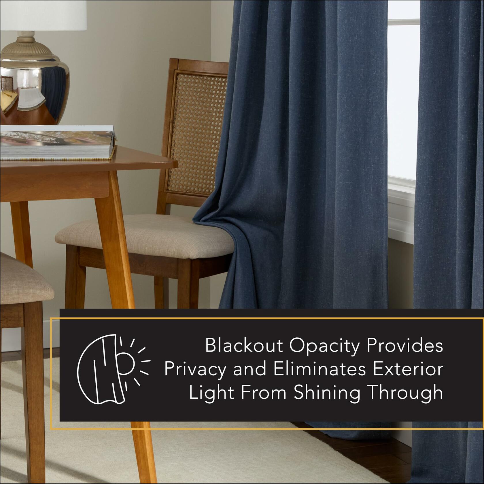TOWN & COUNTRY LUXE Davos Solid Linen Texture Indoor Curtains, 100% Blackout with Energy Efficient Lining, Back Tab/Rod Pocket Top, 2-Pack Set, Navy Blue, 50"x108"