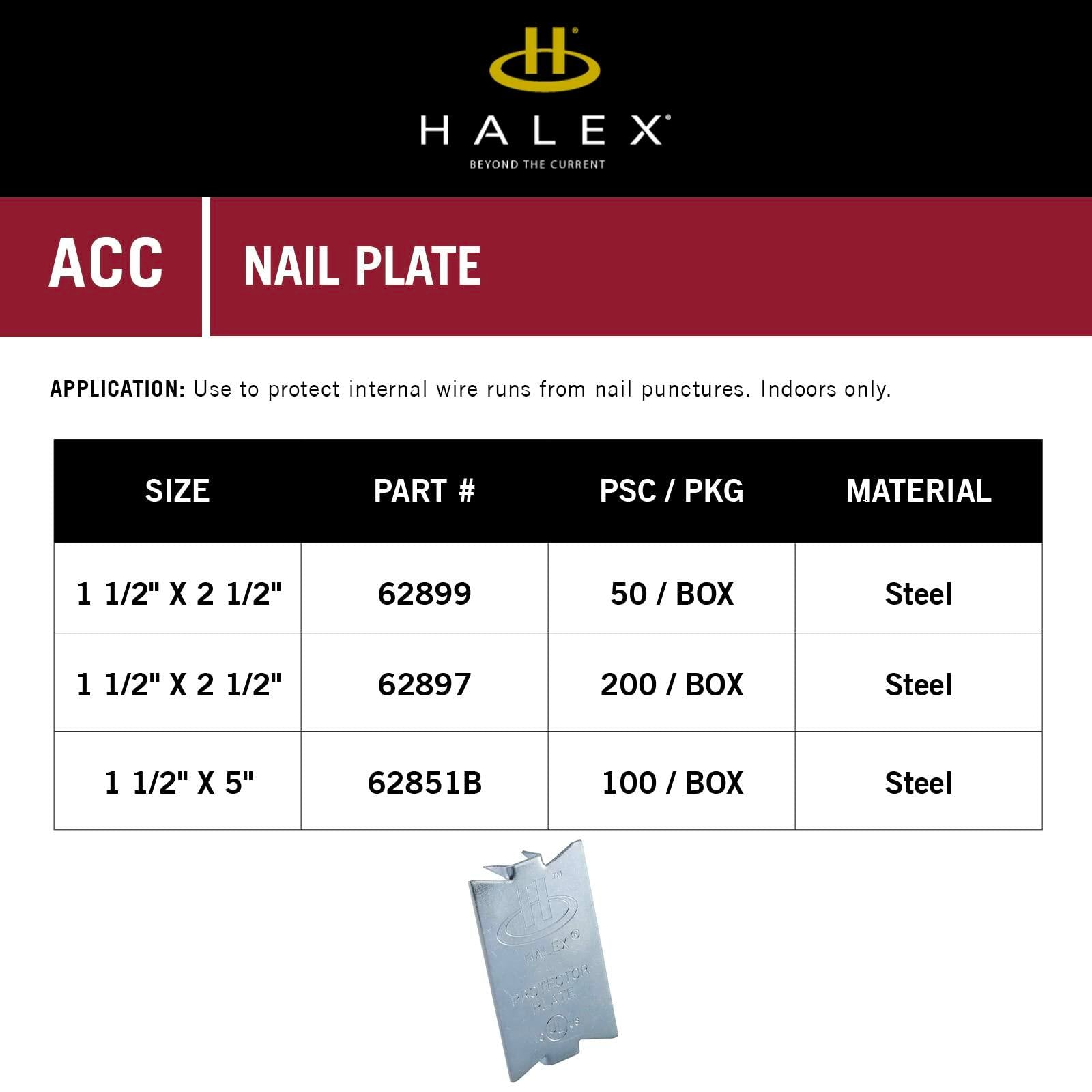 Halex –Accessories Nail Plate Bulk – 1 ½” X 2 1/2” – 62851B – 50 Per Pack - Silver