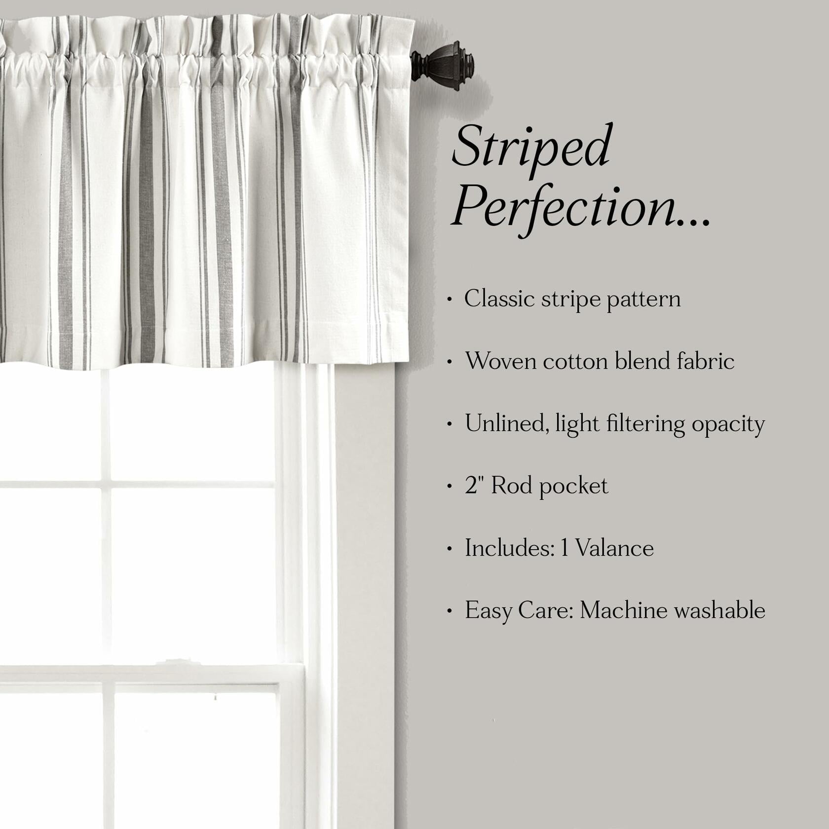 Lush Decor Farmhouse Stripe Yarn Dyed Recycled Cotton Window Curtain Valance, 18" L x 52" W, Gray - Classic Modern Rustic Charm - Eco Friendly Cotton Fabric