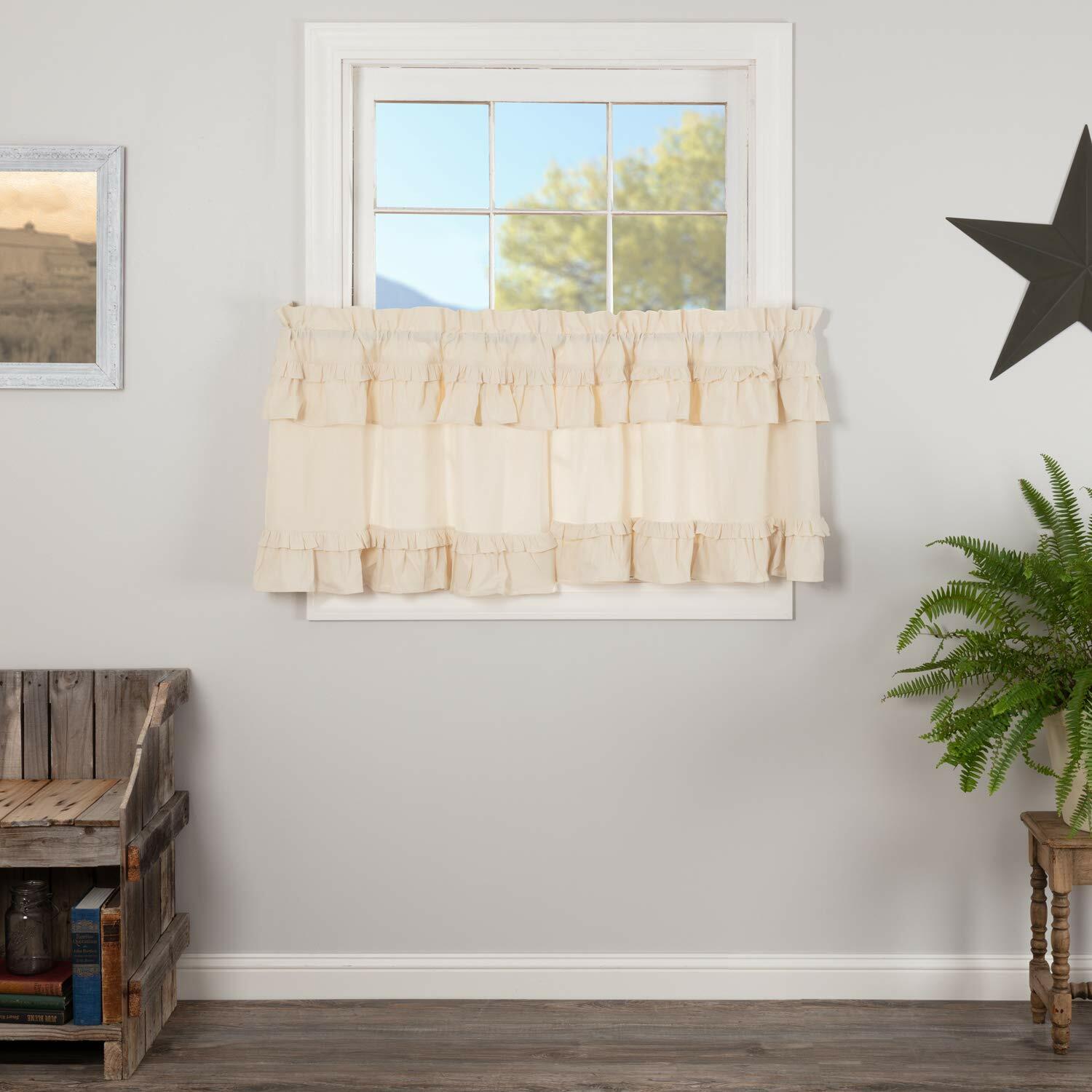 VHC Brands Muslin Ruffled Unbleached Natural Tan Tier Set of 2 Farmhouse Cotton Window Treatment for Living Room or Kitchen 24" Lx36 W