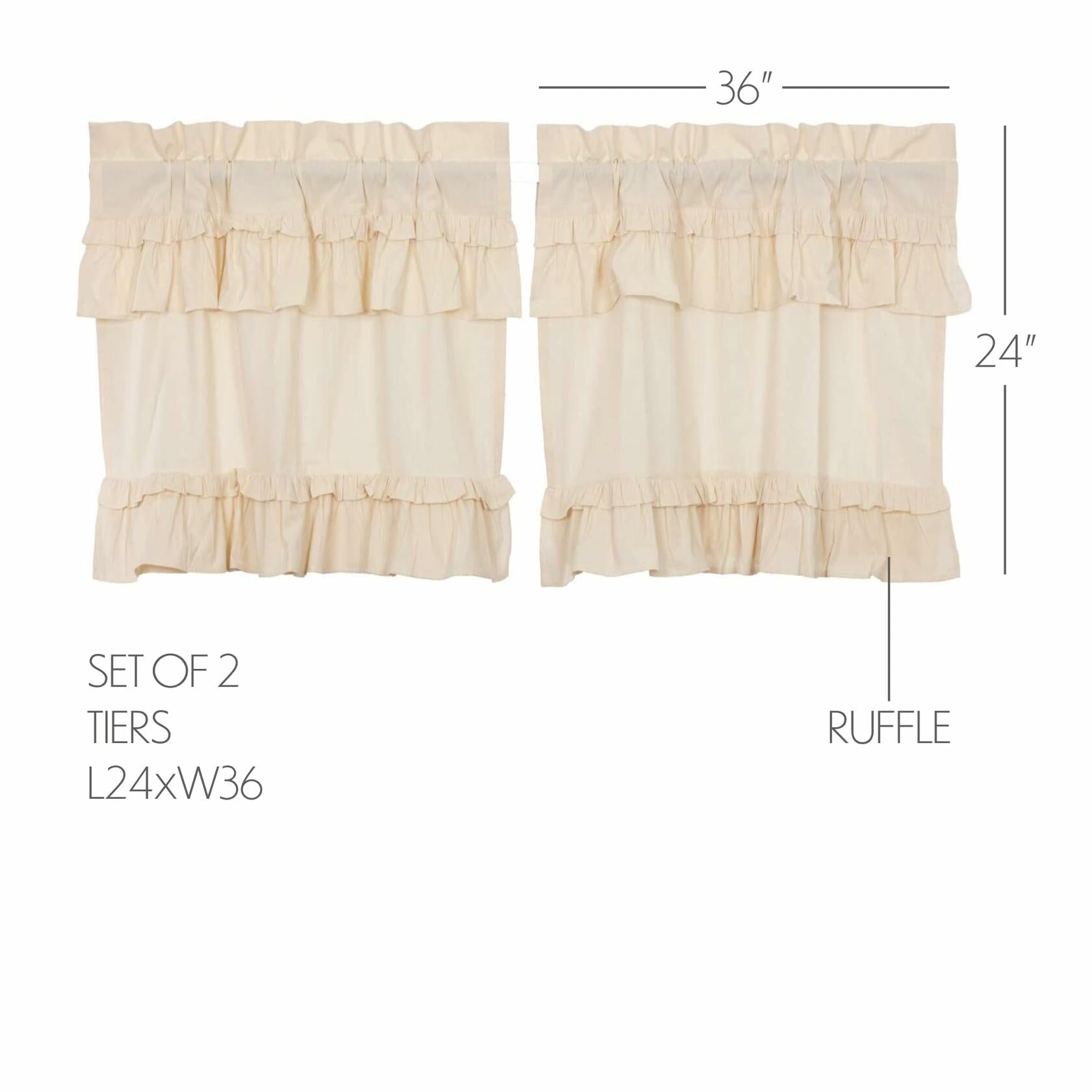 VHC Brands Muslin Ruffled Unbleached Natural Tan Tier Set of 2 Farmhouse Cotton Window Treatment for Living Room or Kitchen 24" Lx36 W