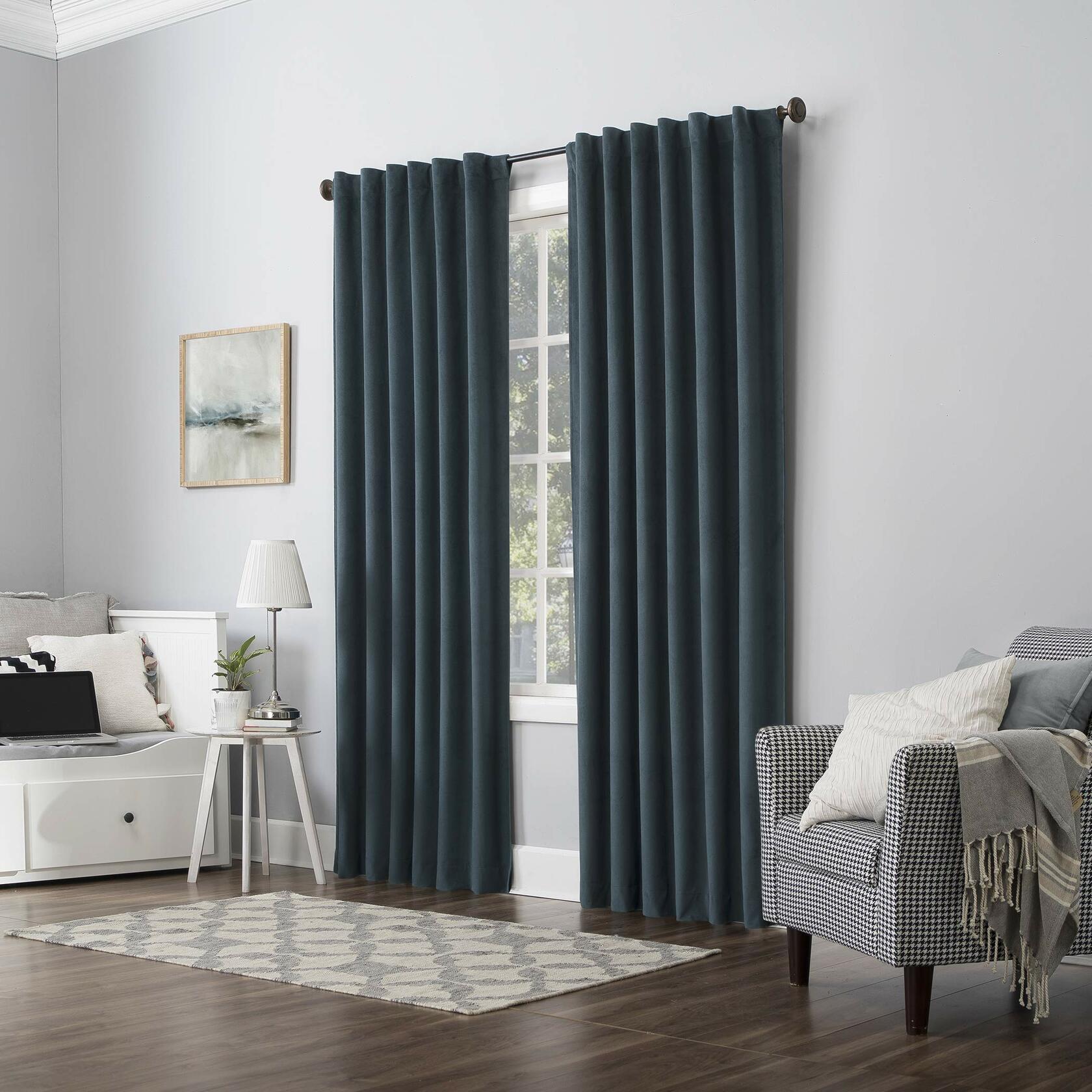 Sun Zero Hampshire Velvet Noise Reducing Thermal Extreme Total Blackout Back Tab Curtain Panel, 50" x 96", Teal