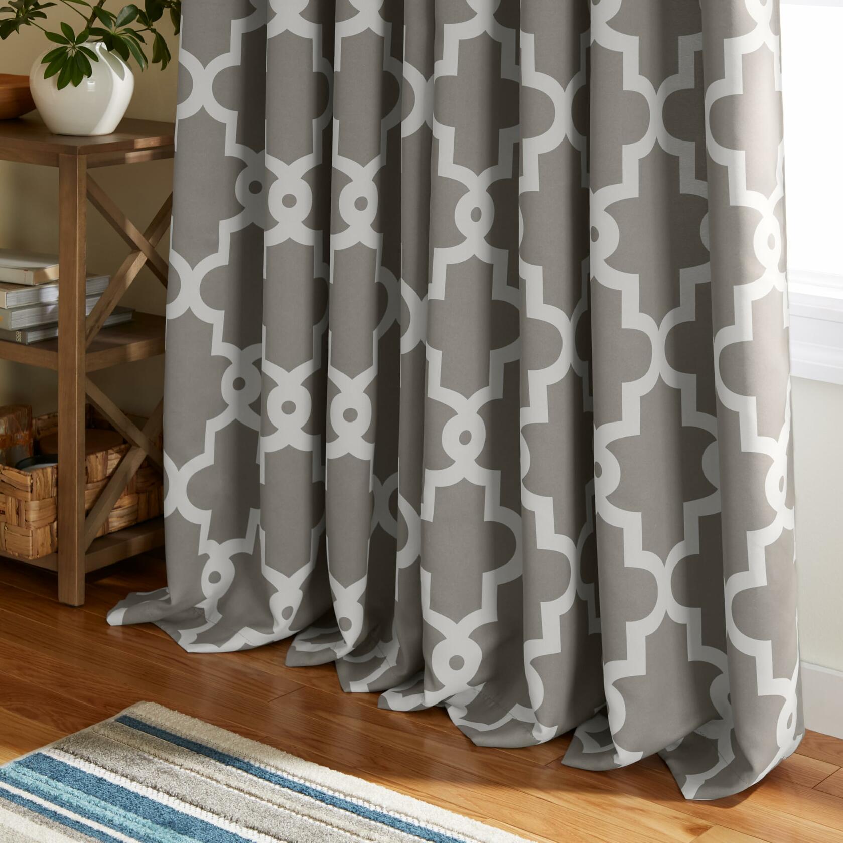 TOWN & COUNTRY EVERYDAY Ironwork Geo Trellis Sateen Indoor Curtains, Room Darkening Blackout, Grommet Top, Energy Efficient, 2-Pack Set, 52"x108", Silver