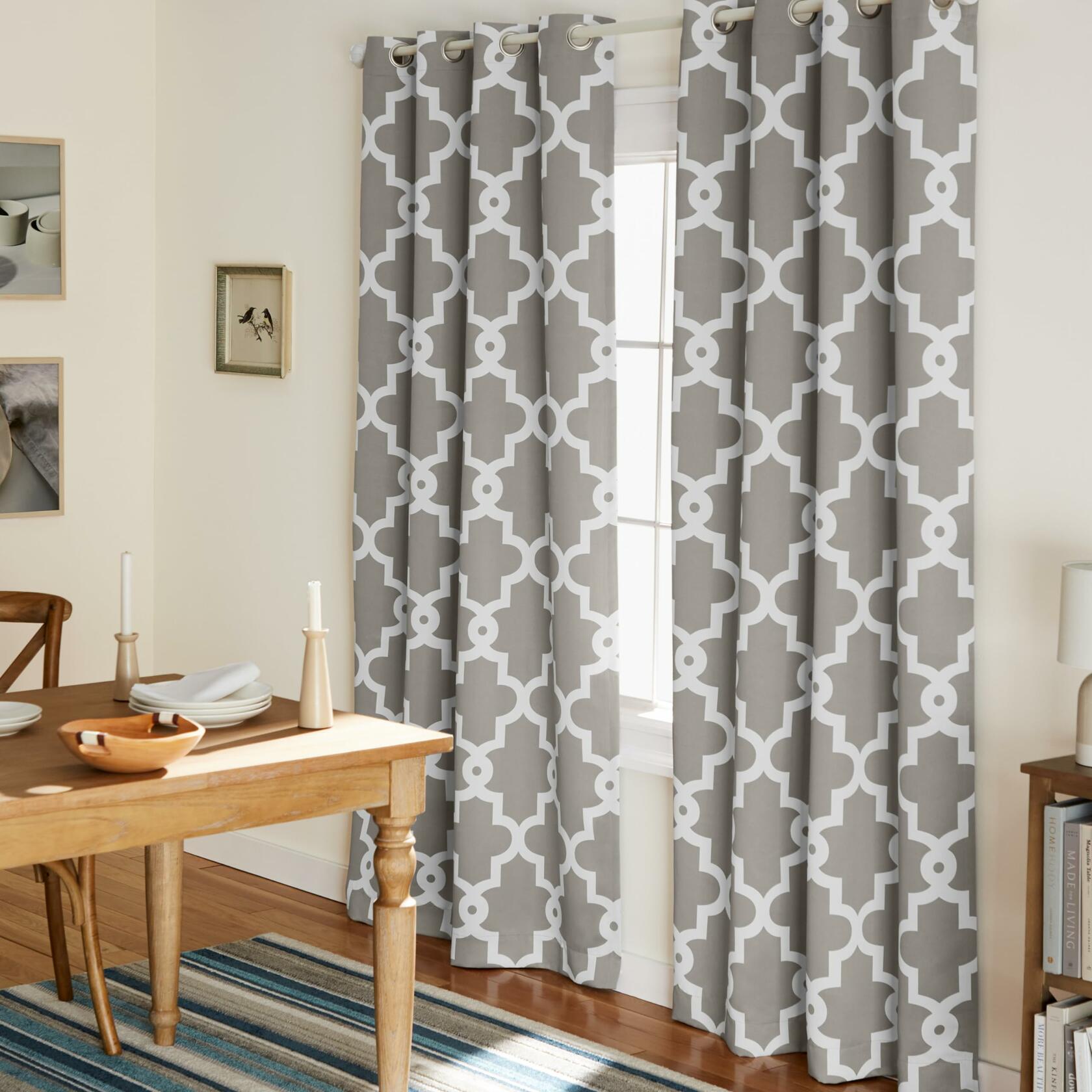 TOWN & COUNTRY EVERYDAY Ironwork Geo Trellis Sateen Indoor Curtains, Room Darkening Blackout, Grommet Top, Energy Efficient, 2-Pack Set, 52"x108", Silver