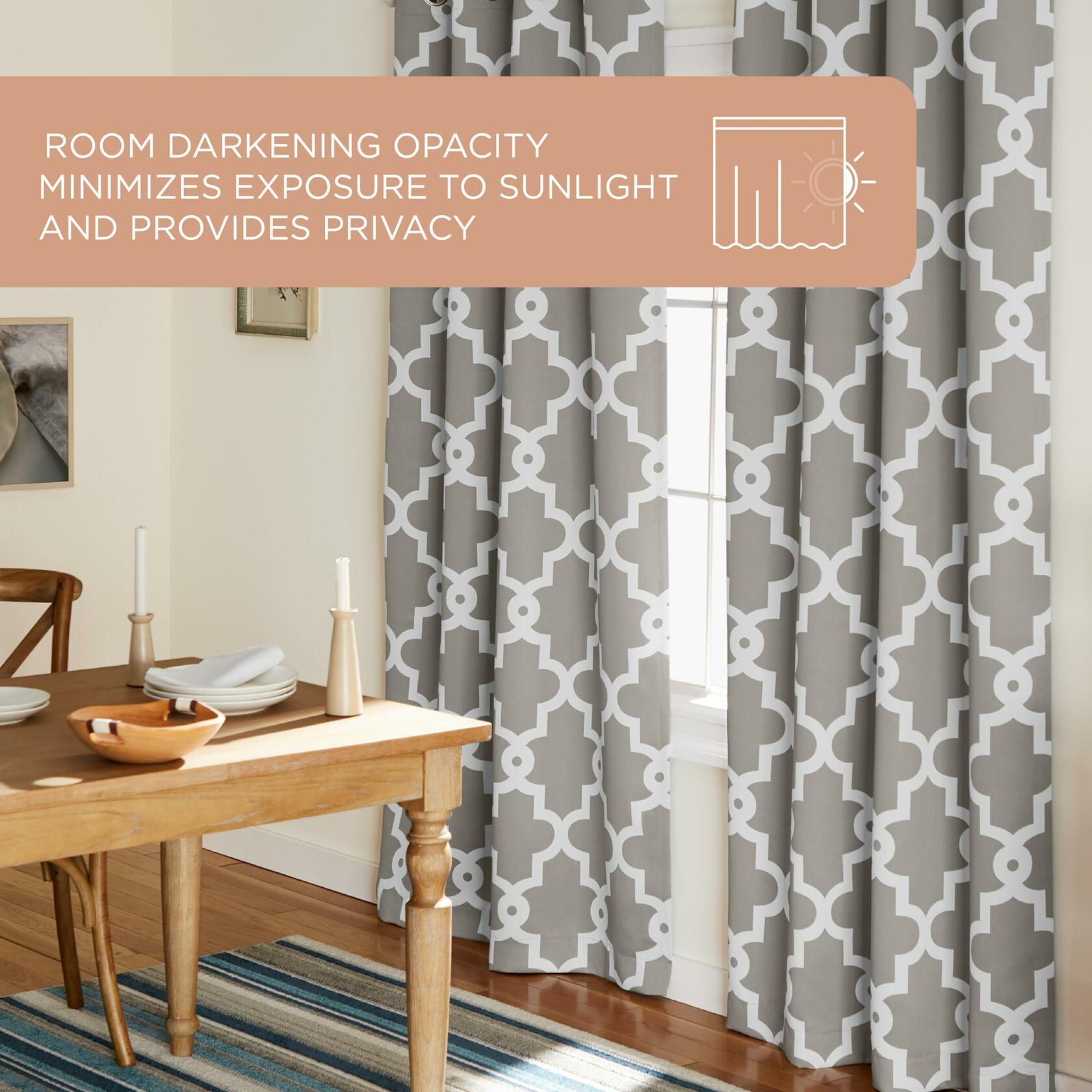 TOWN & COUNTRY EVERYDAY Ironwork Geo Trellis Sateen Indoor Curtains, Room Darkening Blackout, Grommet Top, Energy Efficient, 2-Pack Set, 52"x108", Silver