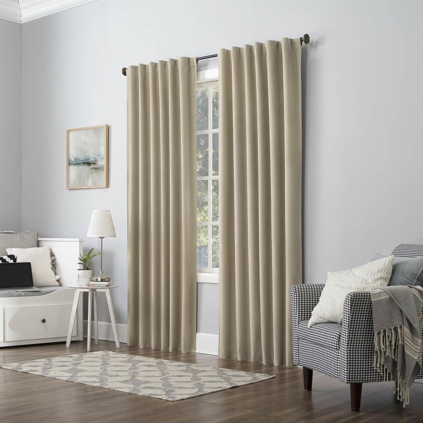 Sun Zero Hampshire Velvet Noise Reducing Thermal Extreme Total Blackout Back Tab Curtain Panel, 50" x 96", Ecru Off-White