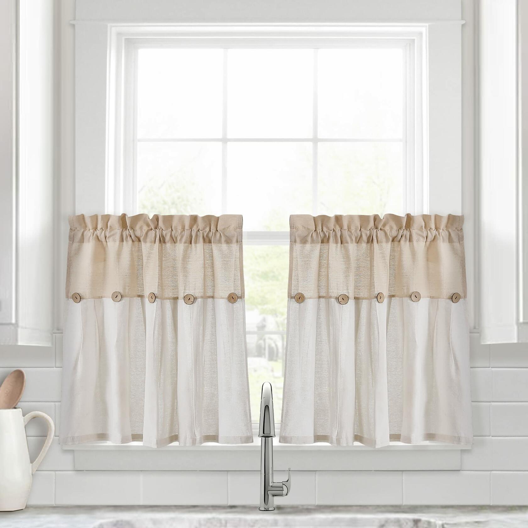 Lush Decor Linen Button Farmhouse Kitchen Tier Curtain Set, Pair, 29" W x 24" L, Linen