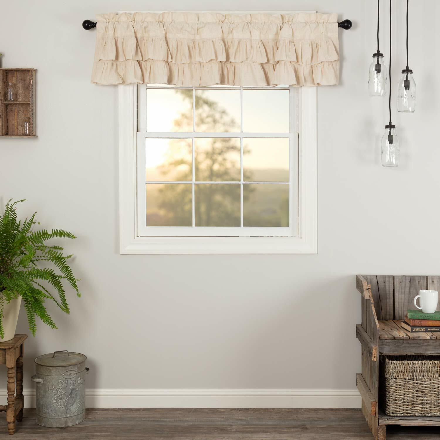 VHC Brands Simple Life Flax Solid Color Cotton Linen Blend Farmhouse Kitchen Curtains Rod Pocket Hanging Loops 16x72 Valance, Natural Creme White