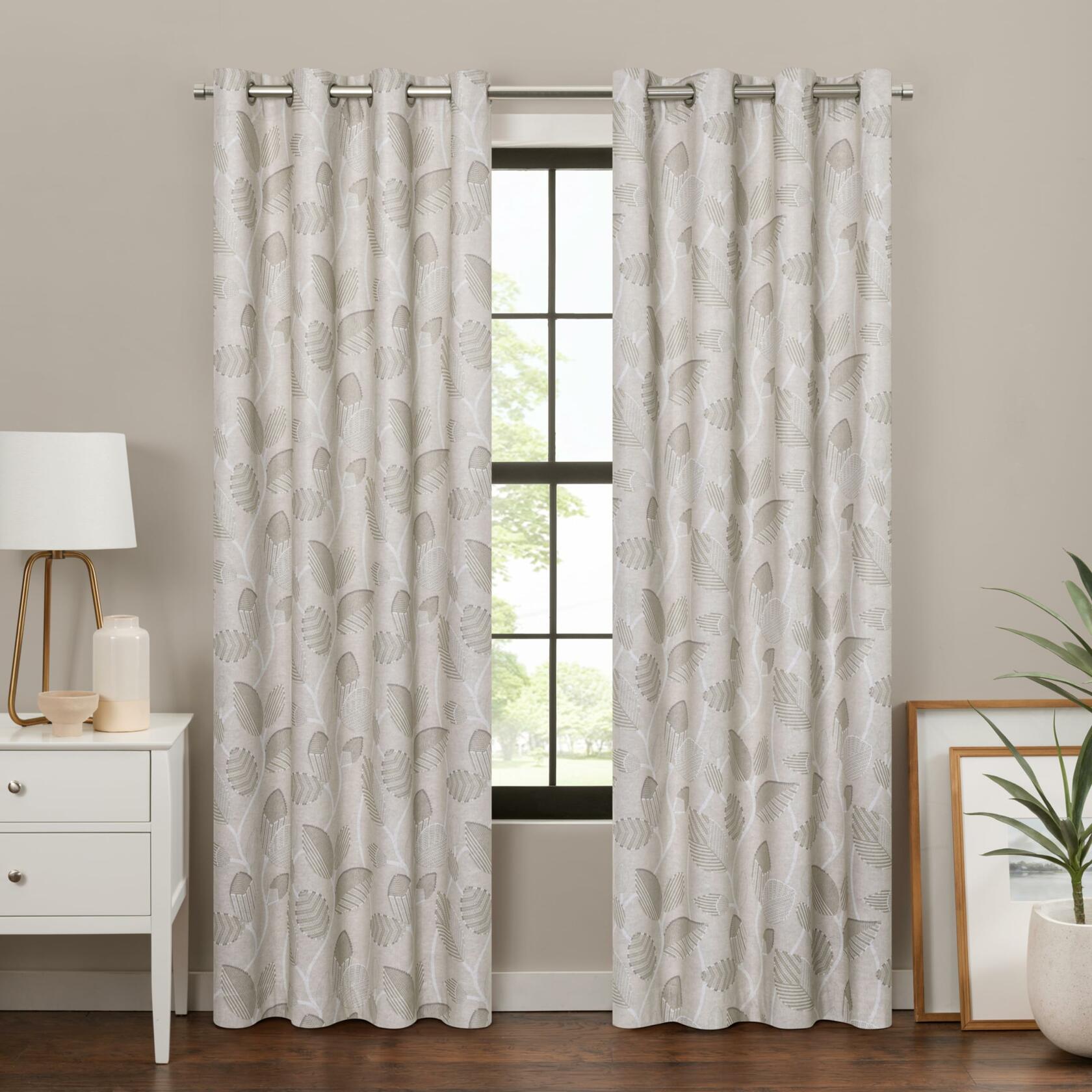 Eclipse 100% Blackout Curtain, Larissa Leaf Grommet Curtain, 84 in Long x 50 in Wide, Patterned 100% Blackout Curtain, Thermal Insulated Curtain for Living Room or Bedroom, 1 Window Curtain, Linen