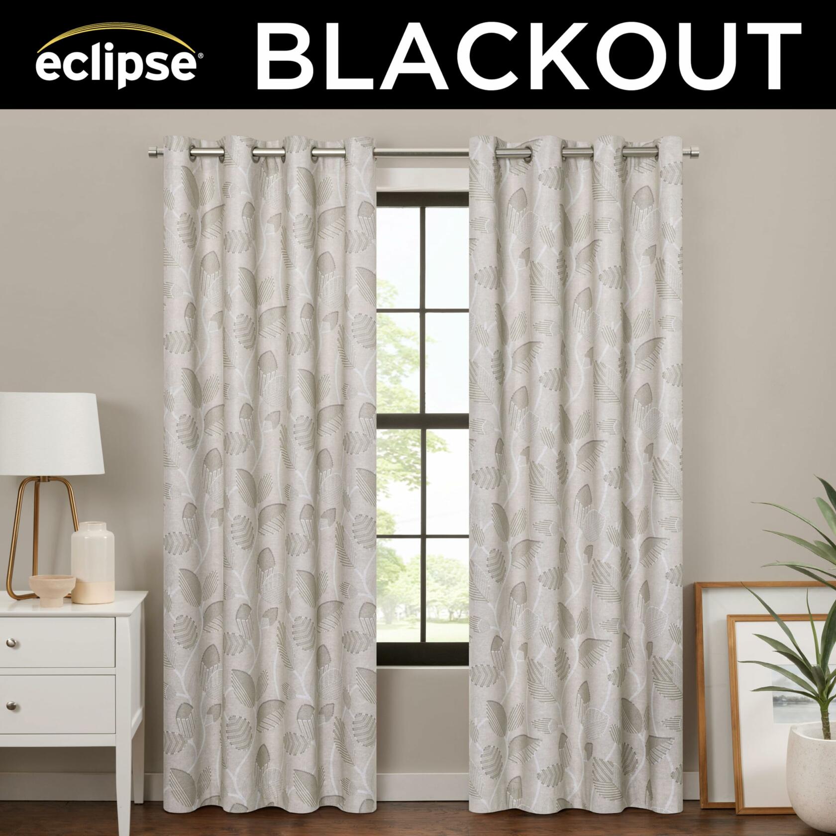 Eclipse 100% Blackout Curtain, Larissa Leaf Grommet Curtain, 84 in Long x 50 in Wide, Patterned 100% Blackout Curtain, Thermal Insulated Curtain for Living Room or Bedroom, 1 Window Curtain, Linen