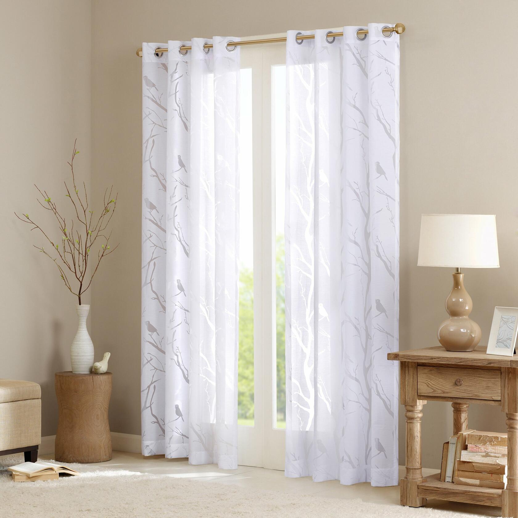 Madison Park Semi Sheer Single Curtain Modern Contemporary Botanical Print Out Design Grommet Top, Window Drape for Living Room, Bedroom and Dorm, 50x84, Bird White