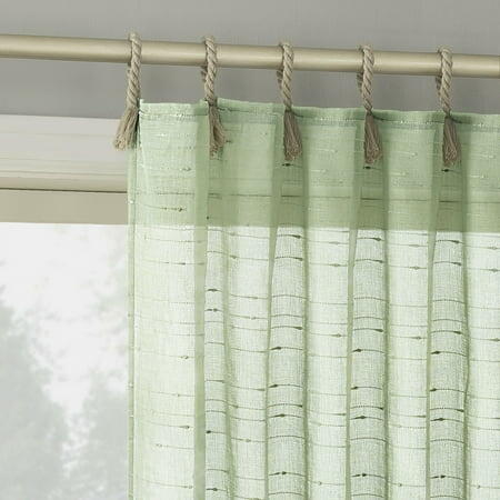 50"x96" No. 918 Light Filtering Semi-Sheer Noemi Slub Striped Rope Tab Top Curtain Panel Sage Green: Green Curtains, Indoor Use
