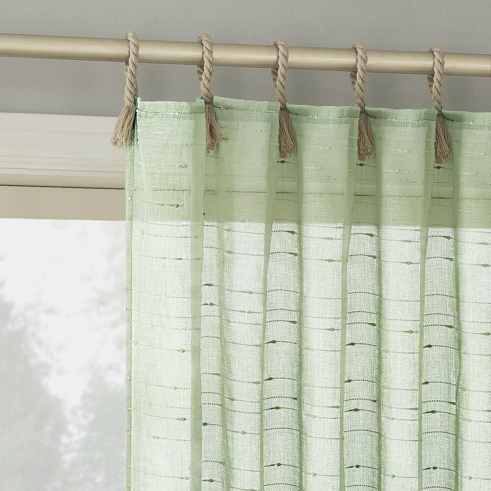 50"x96" No. 918 Light Filtering Semi-Sheer Noemi Slub Striped Rope Tab Top Curtain Panel Sage Green: Green Curtains, Indoor Use