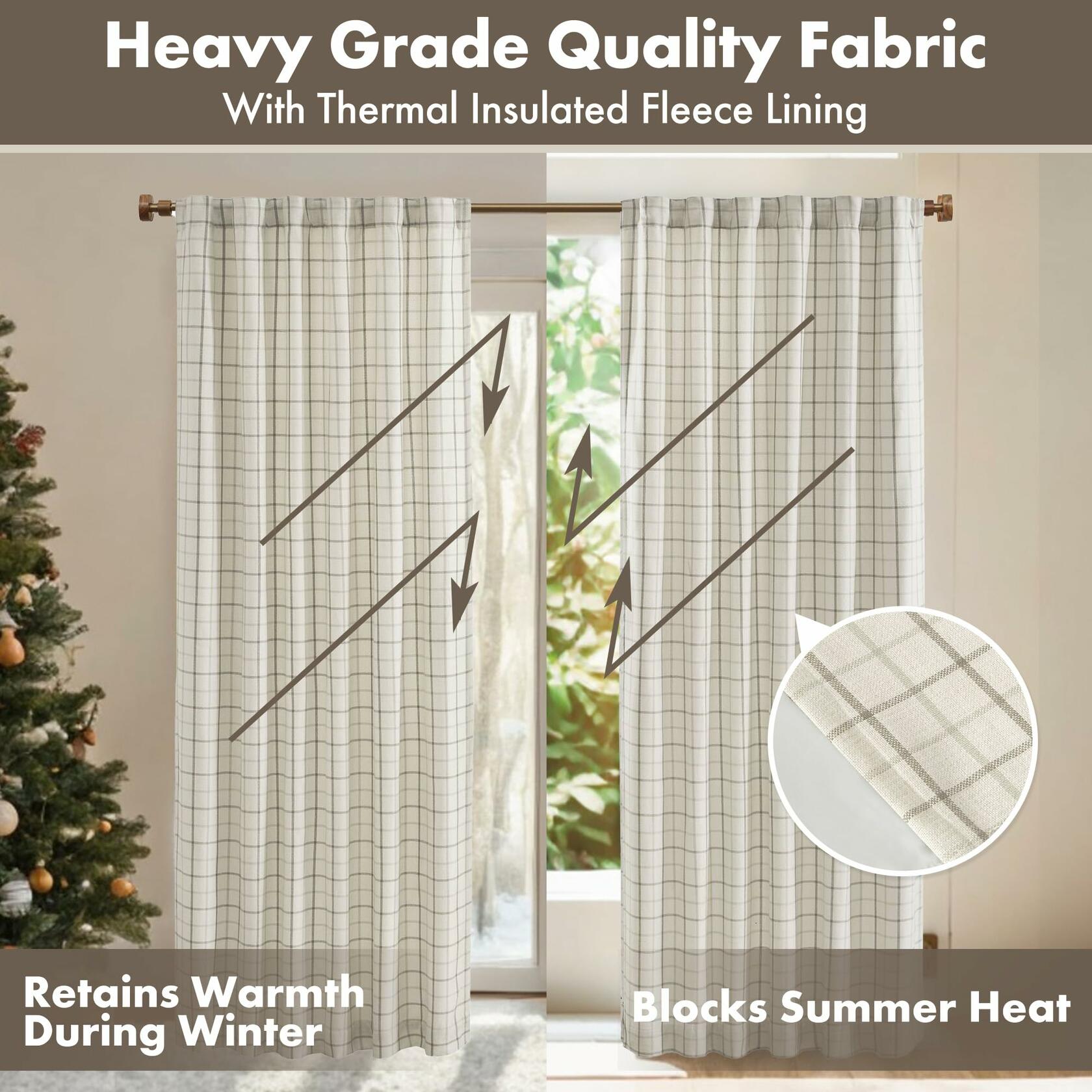 Madison Park Anaheim Cabin Plaid Curtain Window, Thermal Insulated Fleece Lining, Living Room Decor Light Blocking Drape for Bedroom, 1-Single Panel Pack, 50" x 84", Rod Pocket, Natural