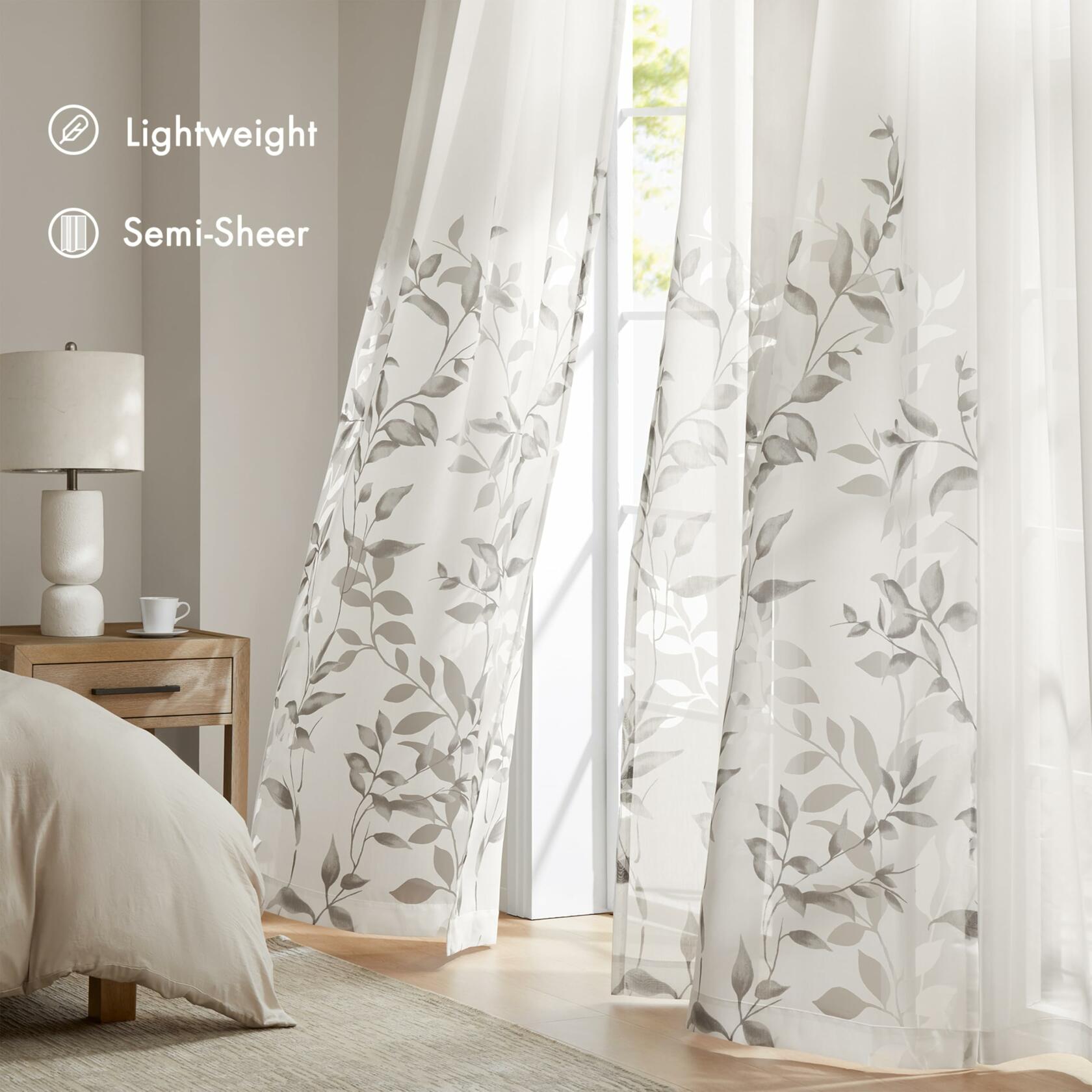 Madison Park Cecily Semi Sheer SINGLE Panel Window Curtain Burnout Botanical Print, Easy To Hang, Fits up to 1.25" Diameter Rod, 50" x 95", Leaves Grey