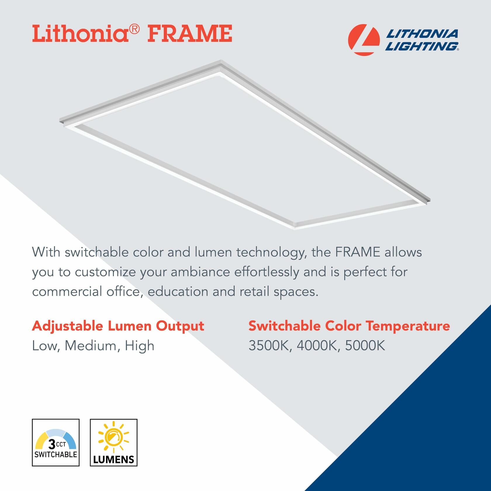 Lithonia Lighting Frame 2x4 LED Lay-in Ceiling Light, 2 ft. x 4 ft. Lighting Fixture for Offices and Classrooms, 4000/5000/6000 Adjustable Lumen Output, 3500/4000/5000 Switchable Color Temperature