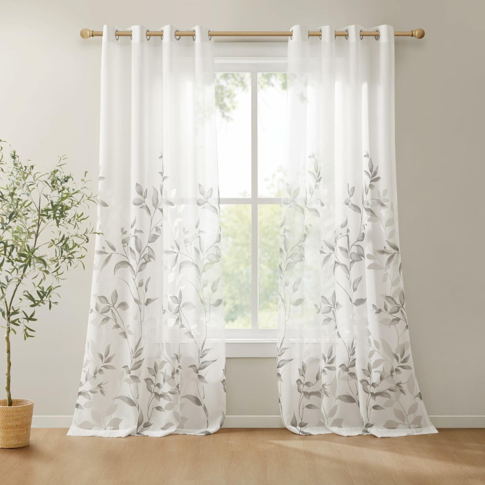 Madison Park Cecily Semi Sheer SINGLE Panel Window Curtain Burnout Botanical Print, Easy To Hang, Fits up to 1.25" Diameter Rod, 50" x 95", Leaves Grey