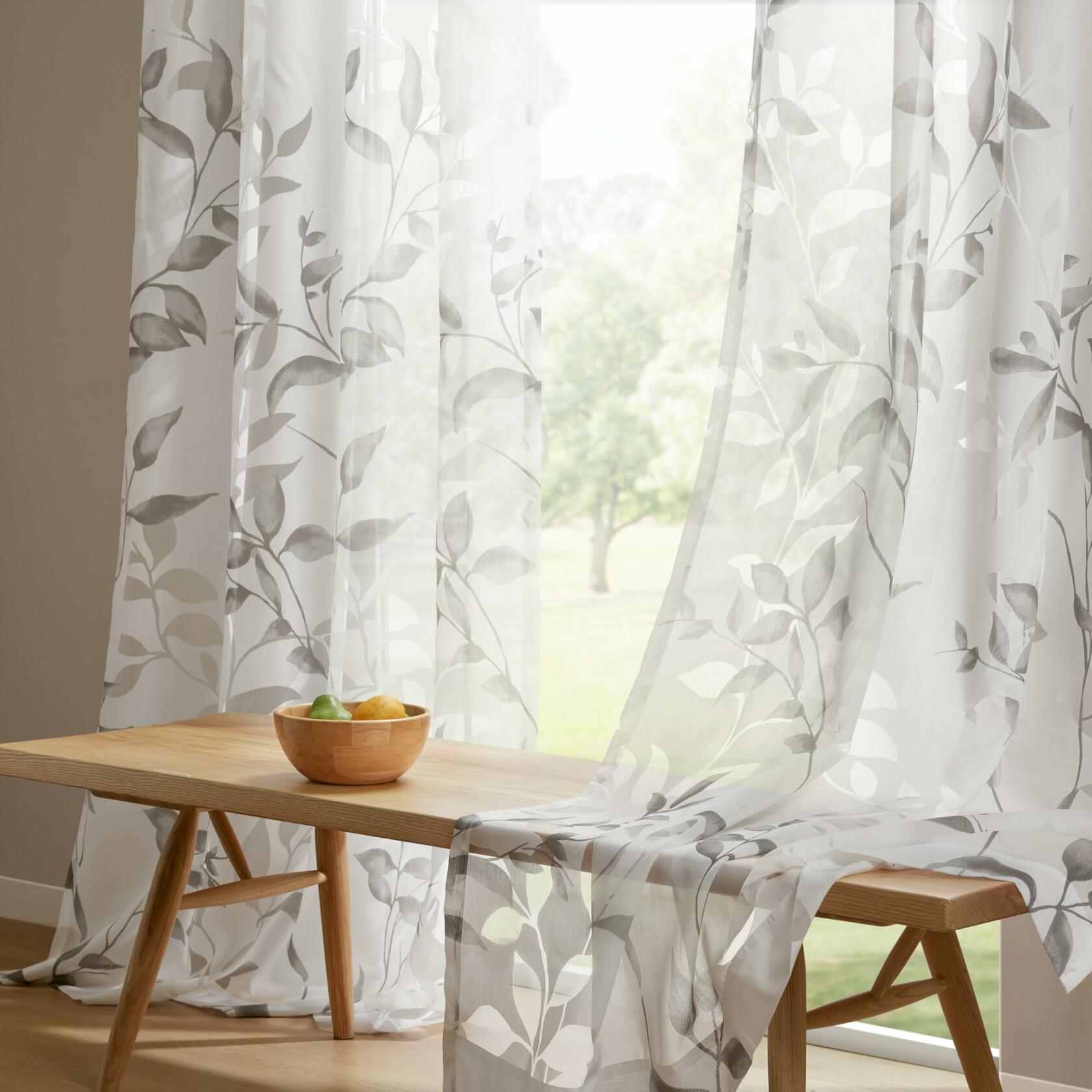 Madison Park Cecily Semi Sheer SINGLE Panel Window Curtain Burnout Botanical Print, Easy To Hang, Fits up to 1.25" Diameter Rod, 50" x 95", Leaves Grey