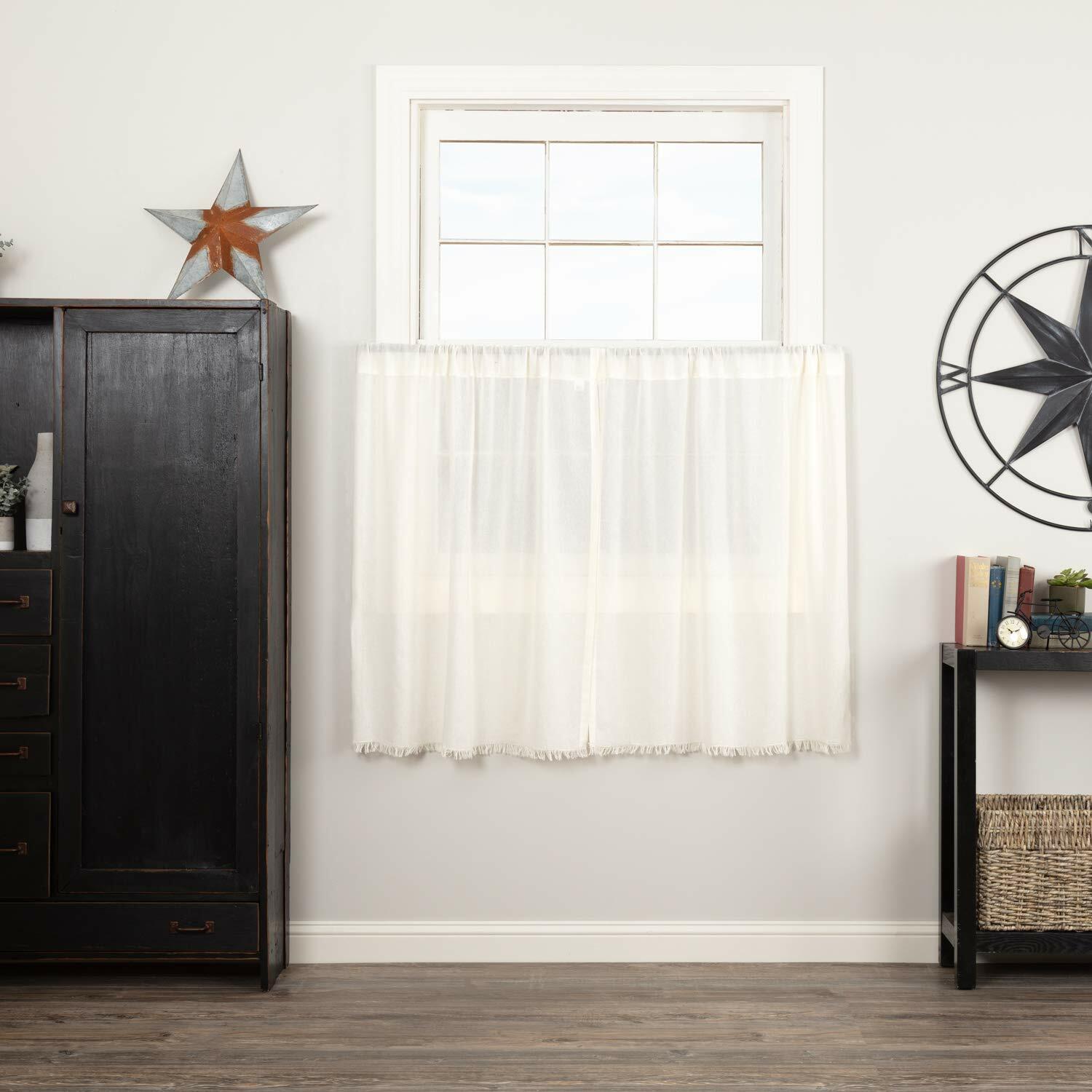 VHC Brands 10763 Tobacco Cloth Antique White Tier Fringed Set of 2 L36xW36