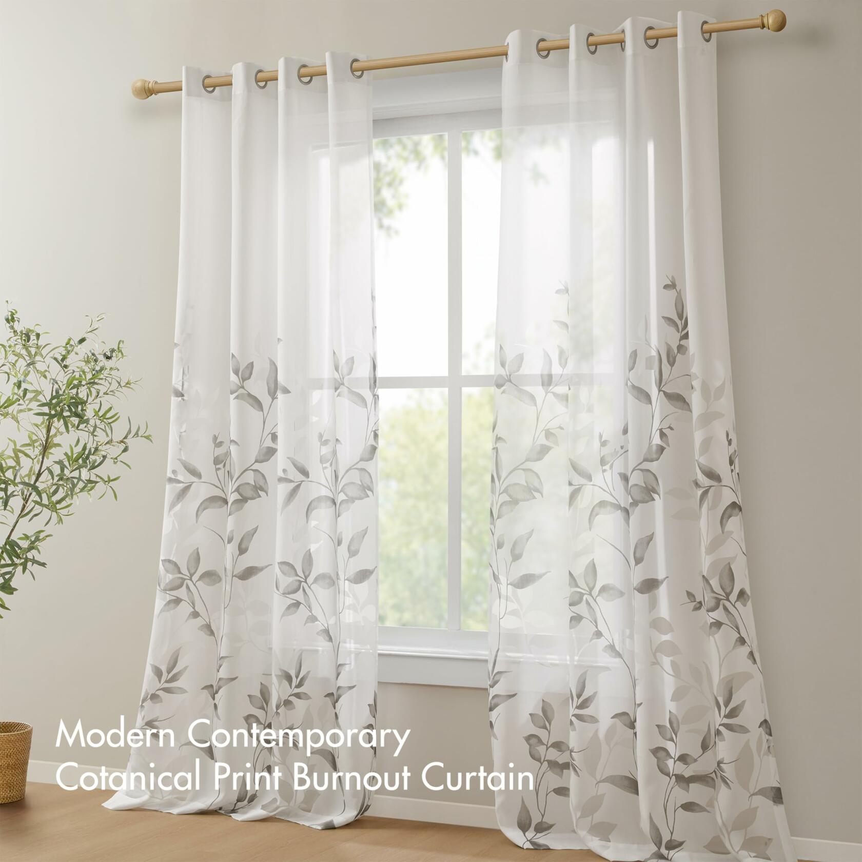 Madison Park Cecily Semi Sheer SINGLE Panel Window Curtain Burnout Botanical Print, Easy To Hang, Fits up to 1.25" Diameter Rod, 50" x 95", Leaves Grey