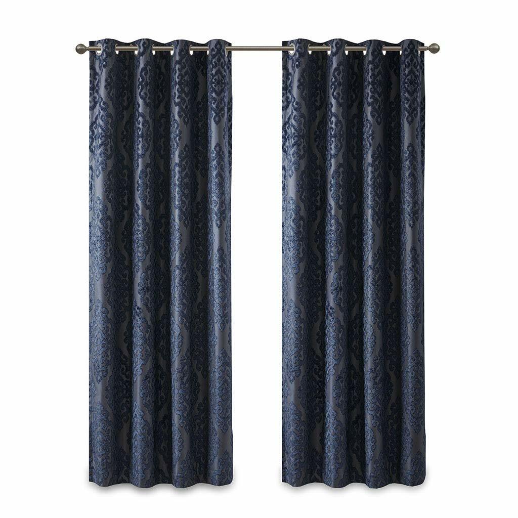 Sun Smart Mirage 100% Total Blackout Single Window Curtain, Knitted Jacquard Damask Room Darkening Curtain Panel with Grommet Top 50 x 108 in, Navy