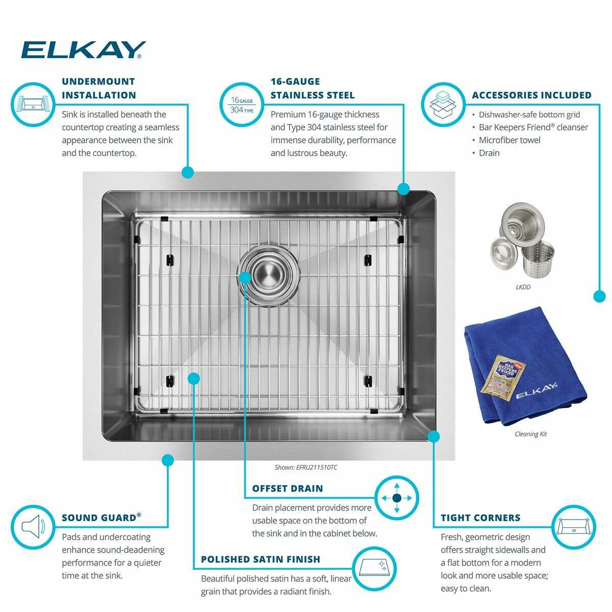 Elkay EFRU211510TC Crosstown 23-1/2" Undermount Single Basin Stainless Steel Kitchen Sink with Basin Rack and Basket Strainer - Stainless Steel