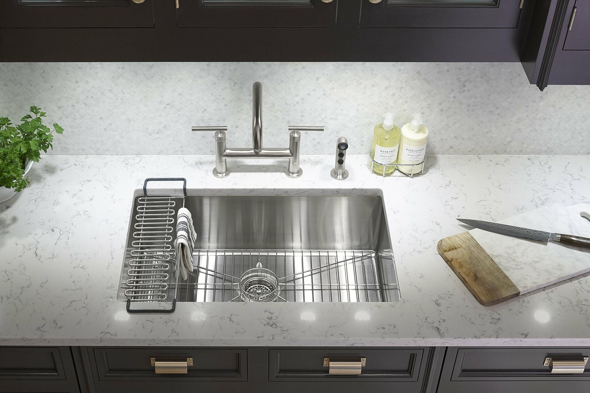 KOHLER K-5409-NA Strive 29-Inch x 18-5/16-Inch Undermount Medium SingleBowl Kitchen Sink with Basin Rack, Stainless Steel
