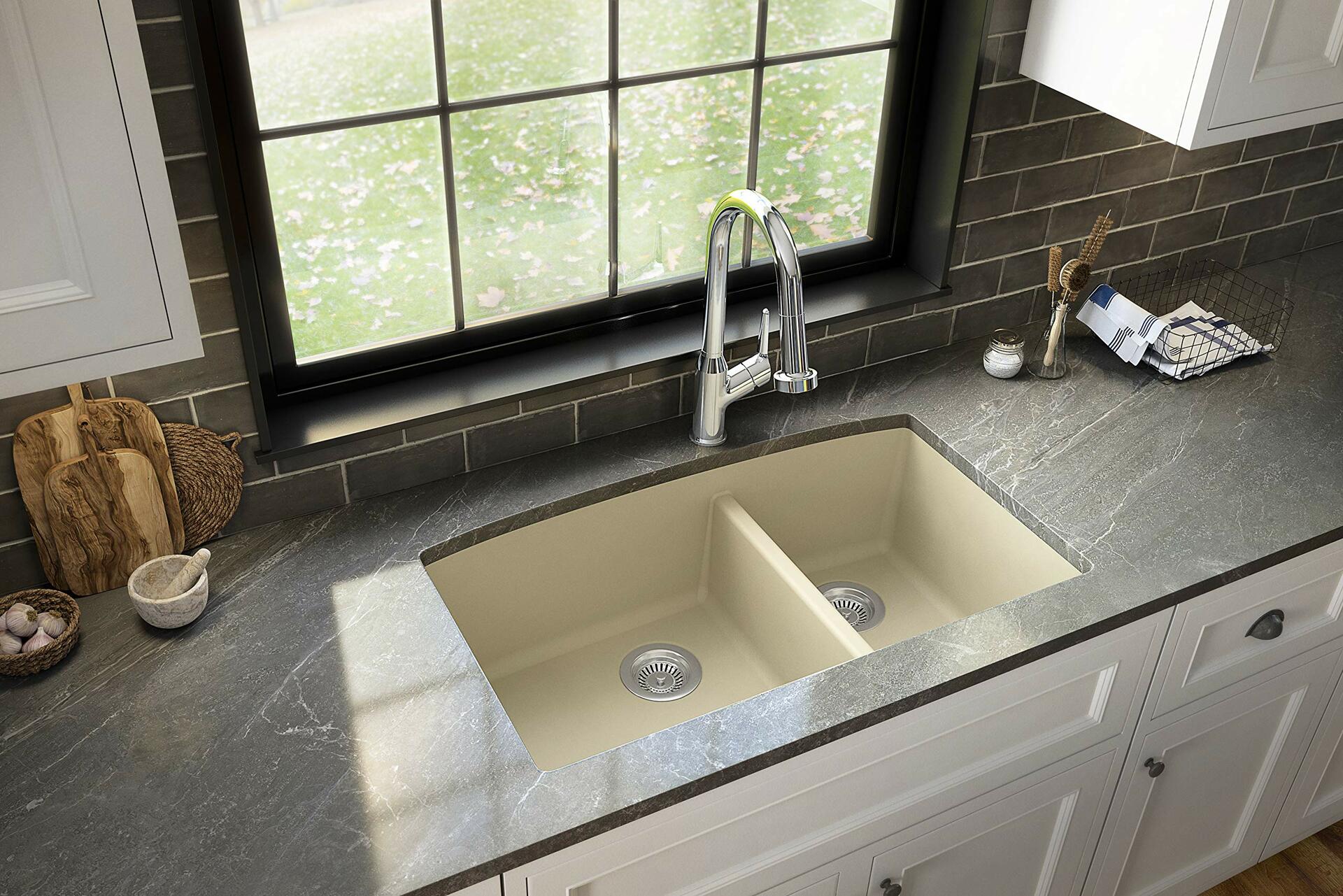 Karran QU-711 Undermount Quartz Composite 32 in. 60/40 Double Bowl Kitchen Sink in Bisque