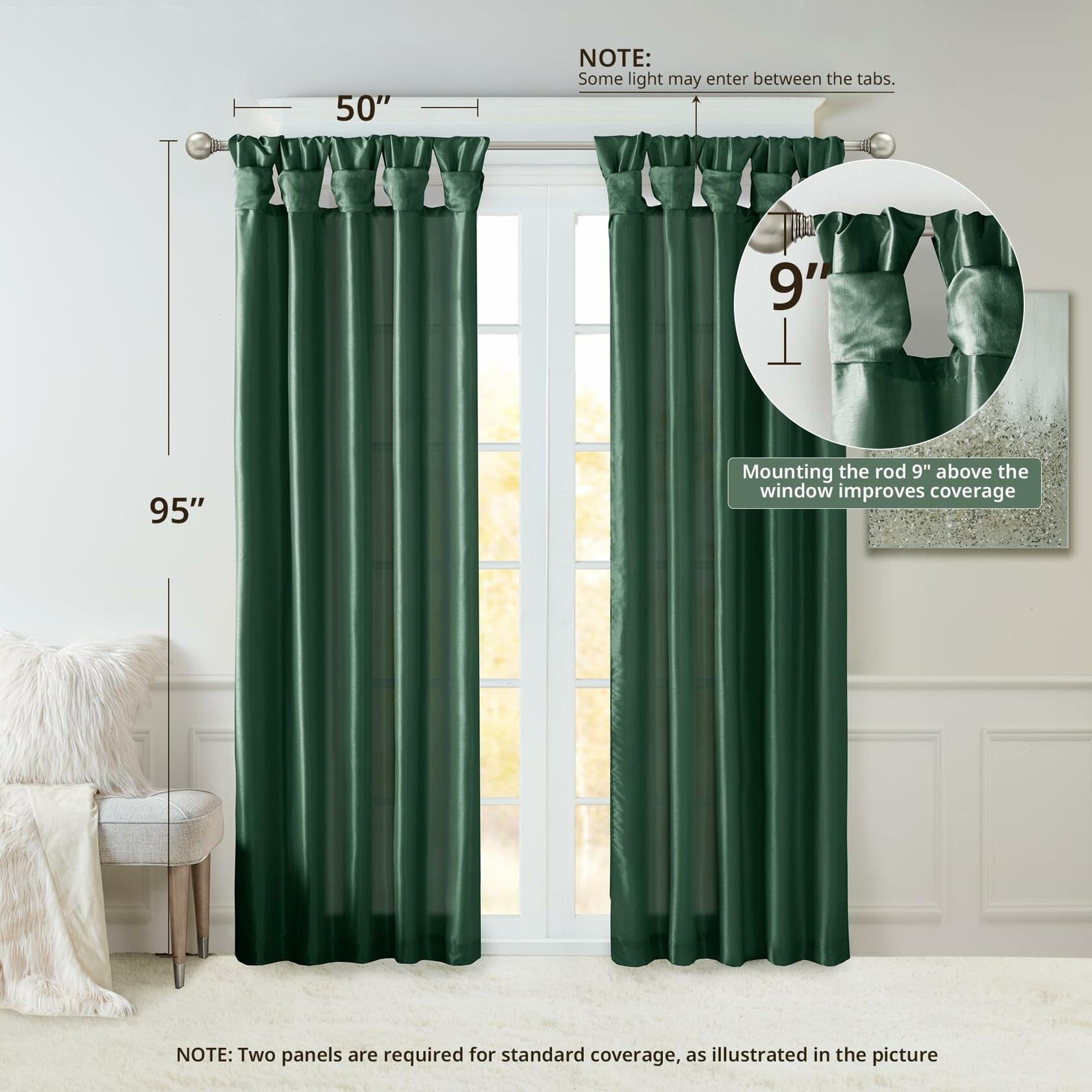 Madison Park Emilia Faux Silk Single Curtain with Privacy Lining, DIY Twist Tab Top, Window Drape for Living Room, Bedroom and Dorm, 95" L x 50" W, Green
