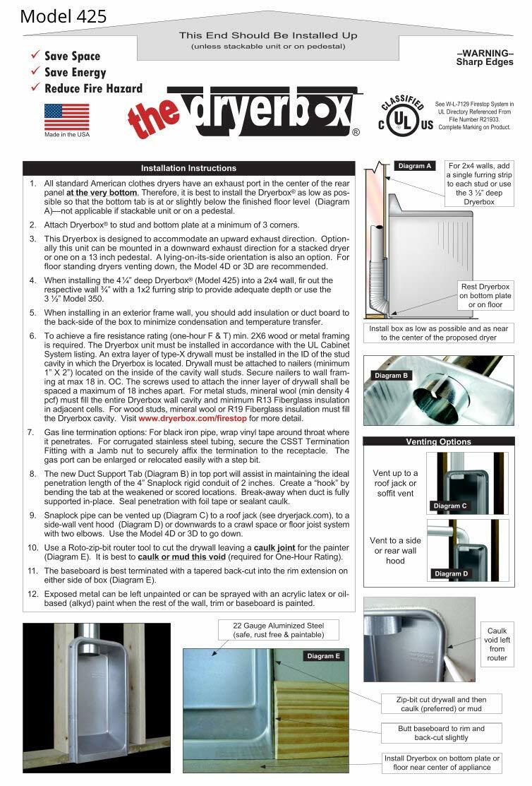 Dryerbox Model 425 DB-425 | New Construction 2x6 Walls - Venting up