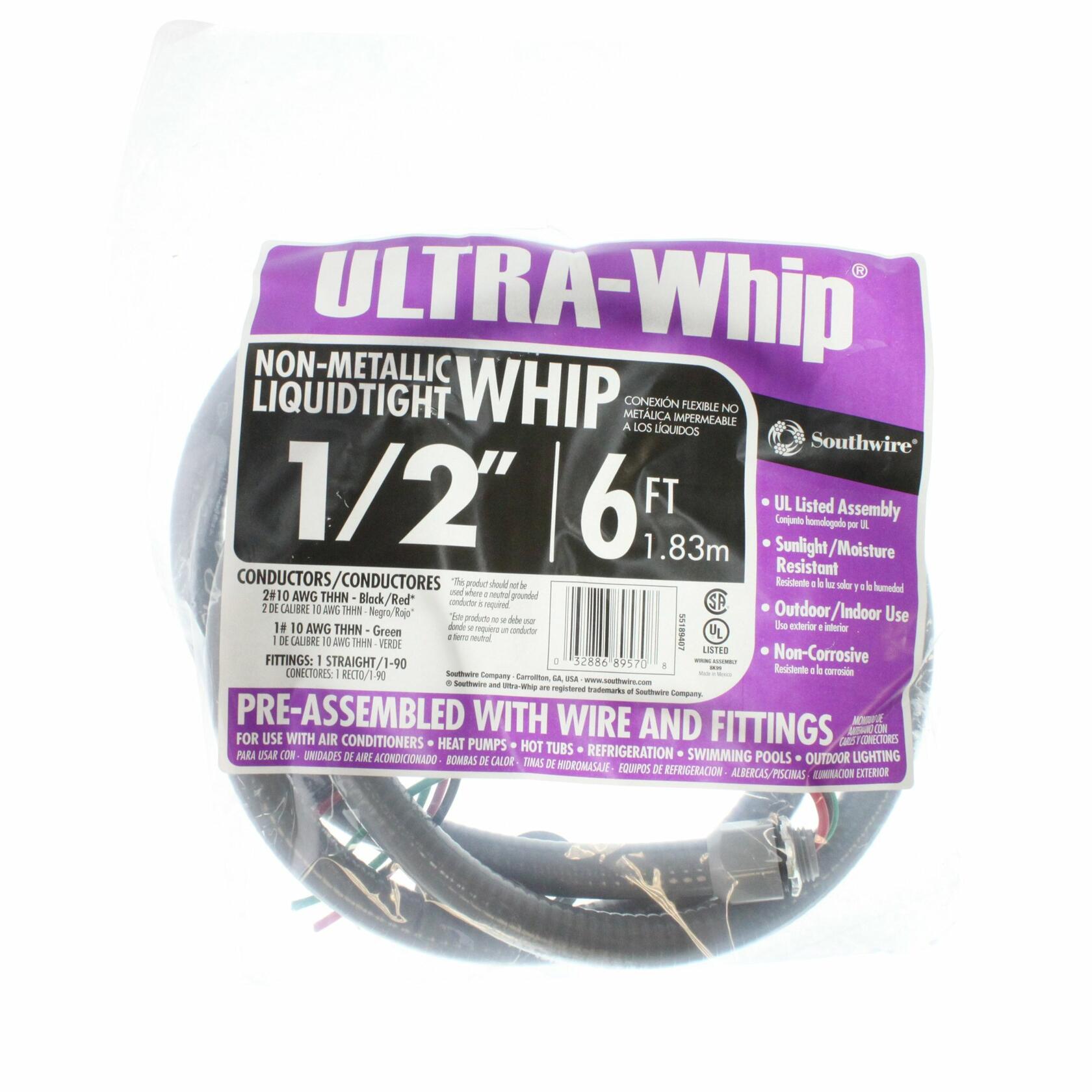 Southwire 55189407 55189401 Liquid Tight Flexible Whip; 1/2 In X 6 Ft; Pvc ; Grey