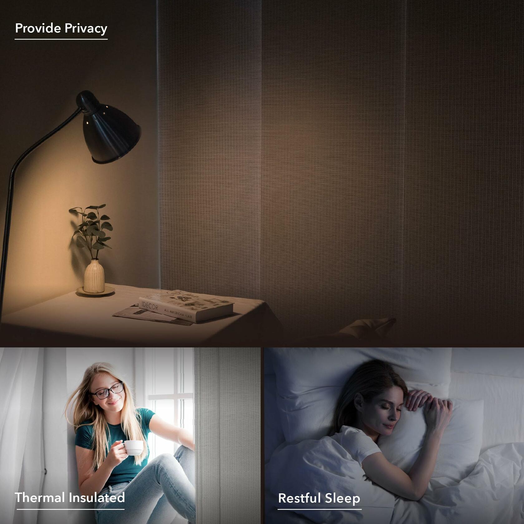 GoDear Design 99.99% Blackout Adjustable Sliding Door Blinds, Privacy Curtain Panels, Extendable Track from 45.8" to 86" W, Trimmable Fabric Panel Up to 96" H, Snowfall Night