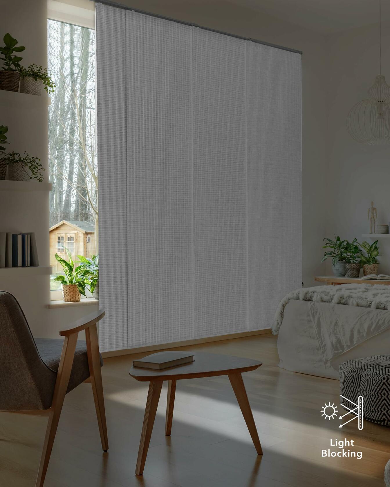 GoDear Design 99.99% Blackout Adjustable Sliding Door Blinds, Privacy Curtain Panels, Extendable Track from 45.8" to 86" W, Trimmable Fabric Panel Up to 96" H, Snowfall Night