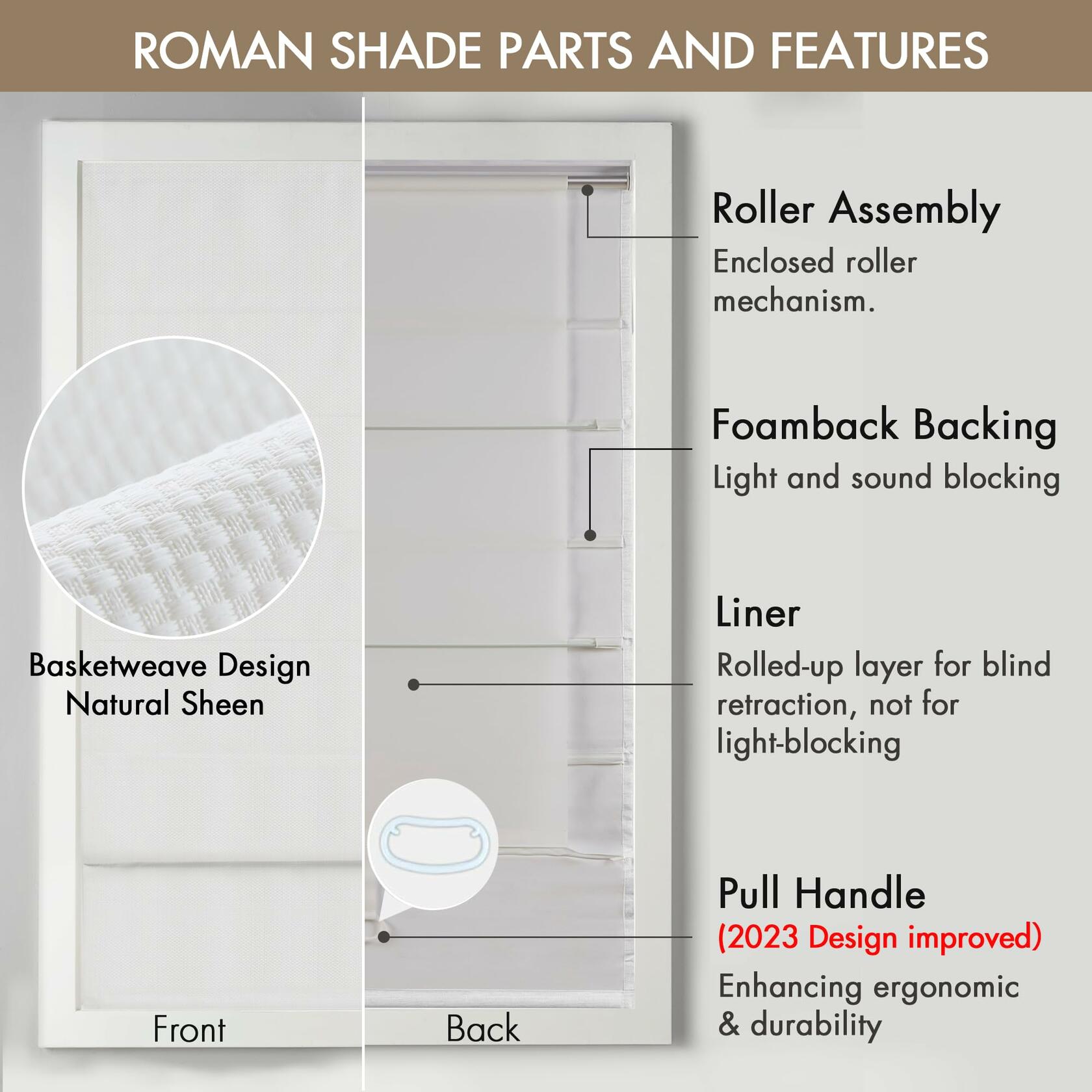 Madison Park Galen Cordless Fabric Privacy Single Panel Darkening, Energy Efficient Roman Shade, Window Curtain, 35"W x 64"H, Basketweave Sheen White