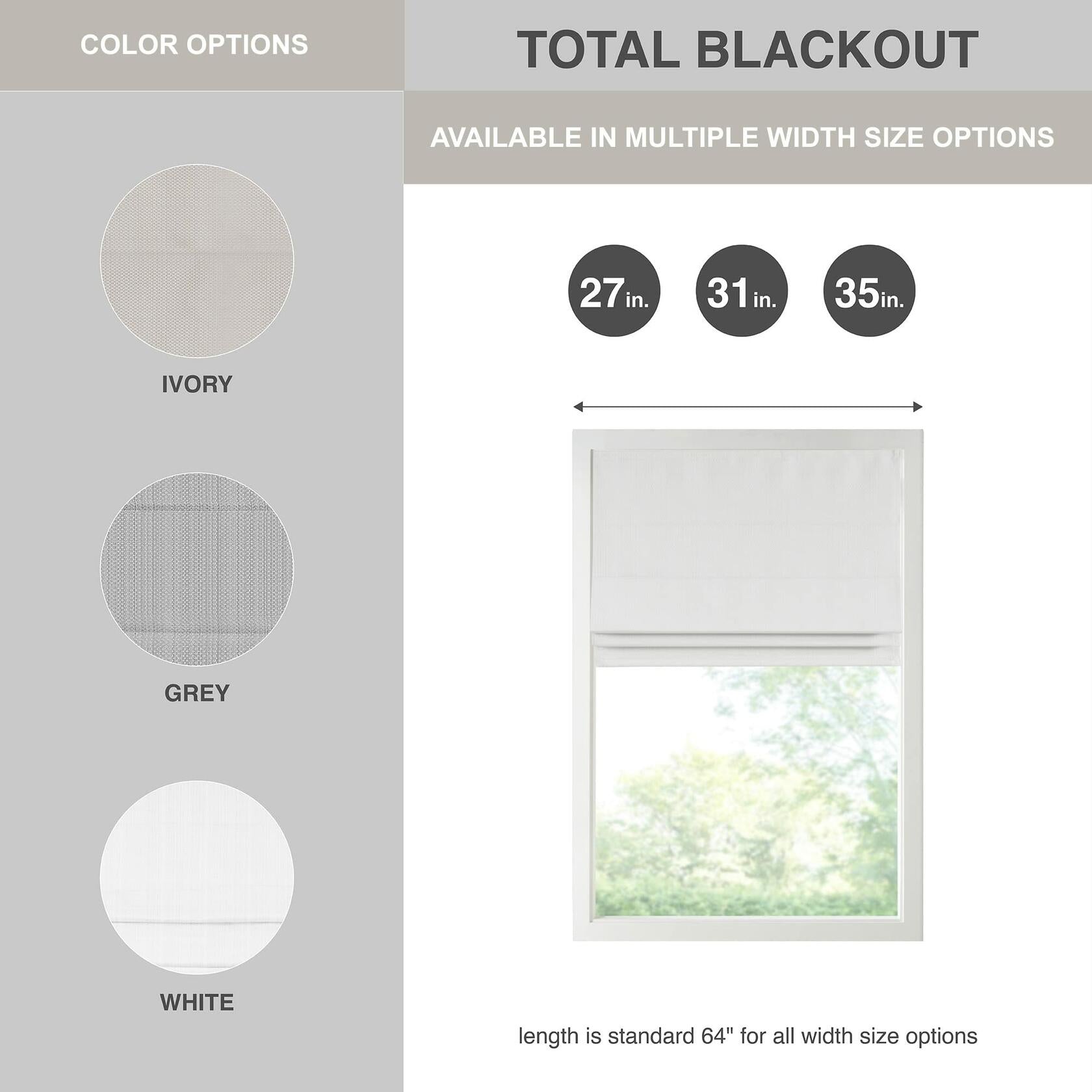 Madison Park Galen Cordless Roman Shade, 27" W x 64" H, White – 100% Blackout, Thermal Insulated, Energy Efficient Window Blind with Subtle Sheen Basketweave Fabric for Privacy