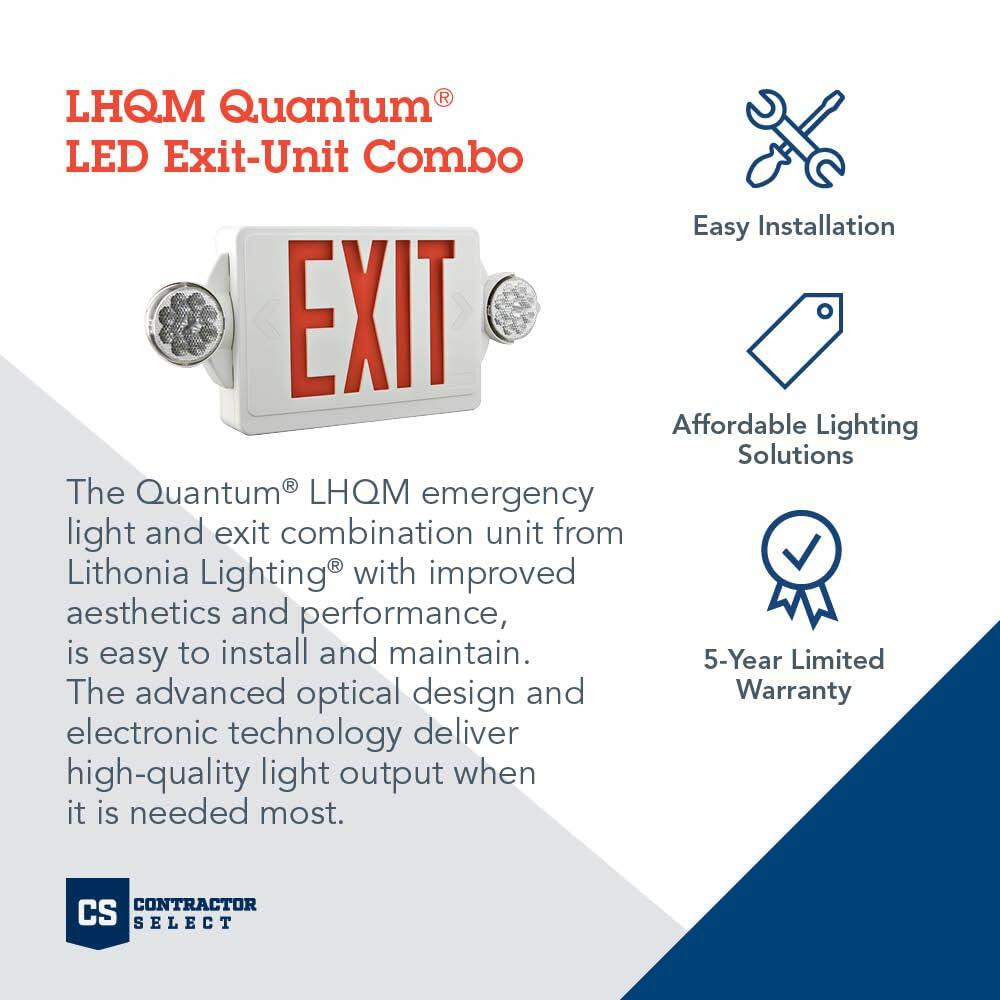 Lithonia Lighting Quantum LED Exit Sign/Emergency Light Combo, Exit Sign and Emergency Lights for Business, 2-Head Fixture, Red Letters, 180 Lumens, MVolt, 4 Watts (LHQM LED R M6)