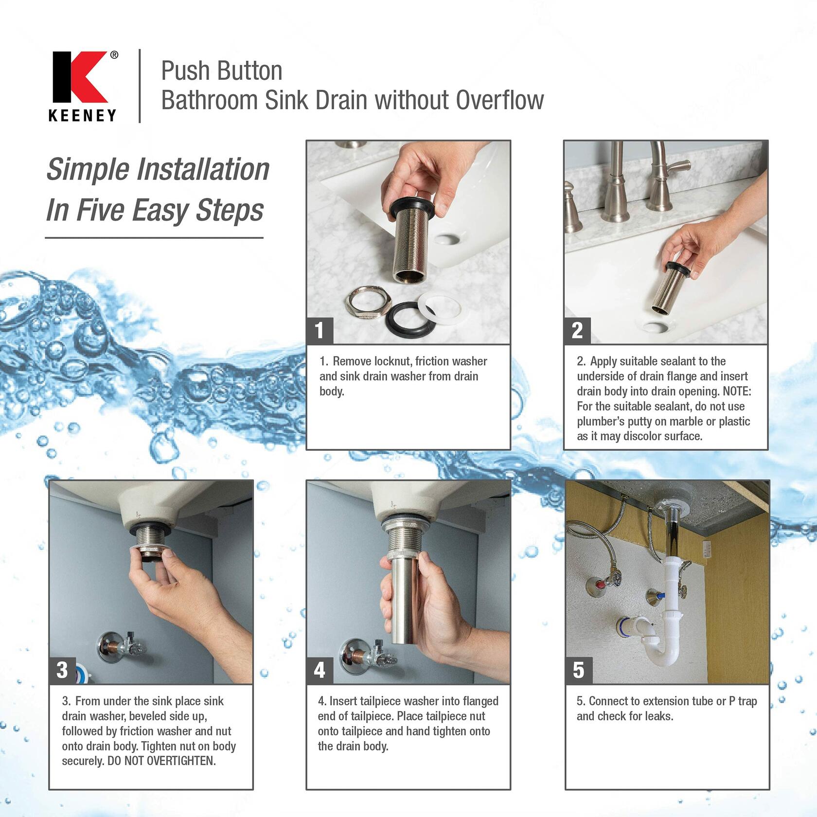 Keeney K820-76BN Universal Push Button Bathroom Sink Drain Without Overflow - Brushed Nickel