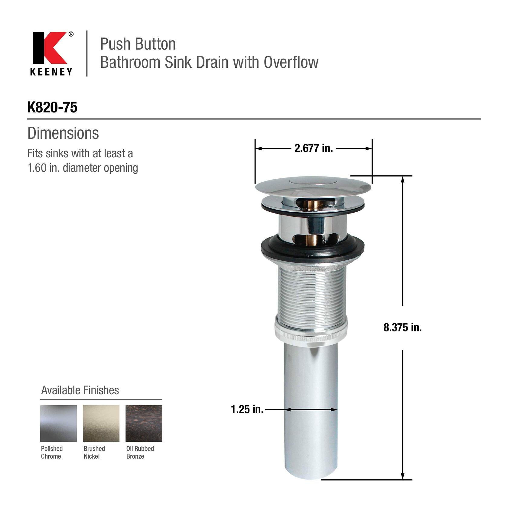 Keeney Universal Button Bathroom Sink Drain with Overflow, Brushed Nickel