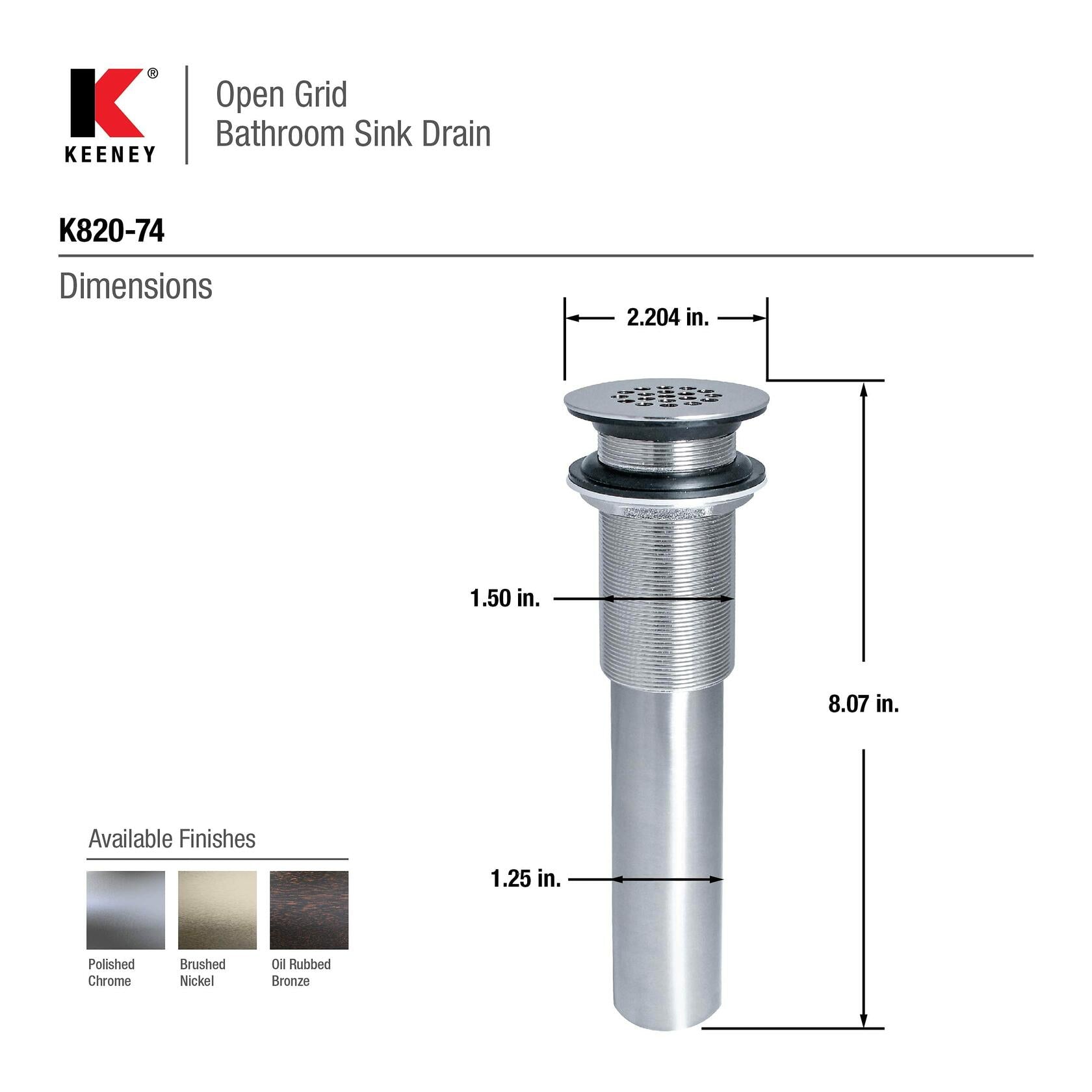 Keeney K820-74BRZ Universal Open Grid Bathroom Sink Drain Without Overflow - Oil Rubbed Bronze