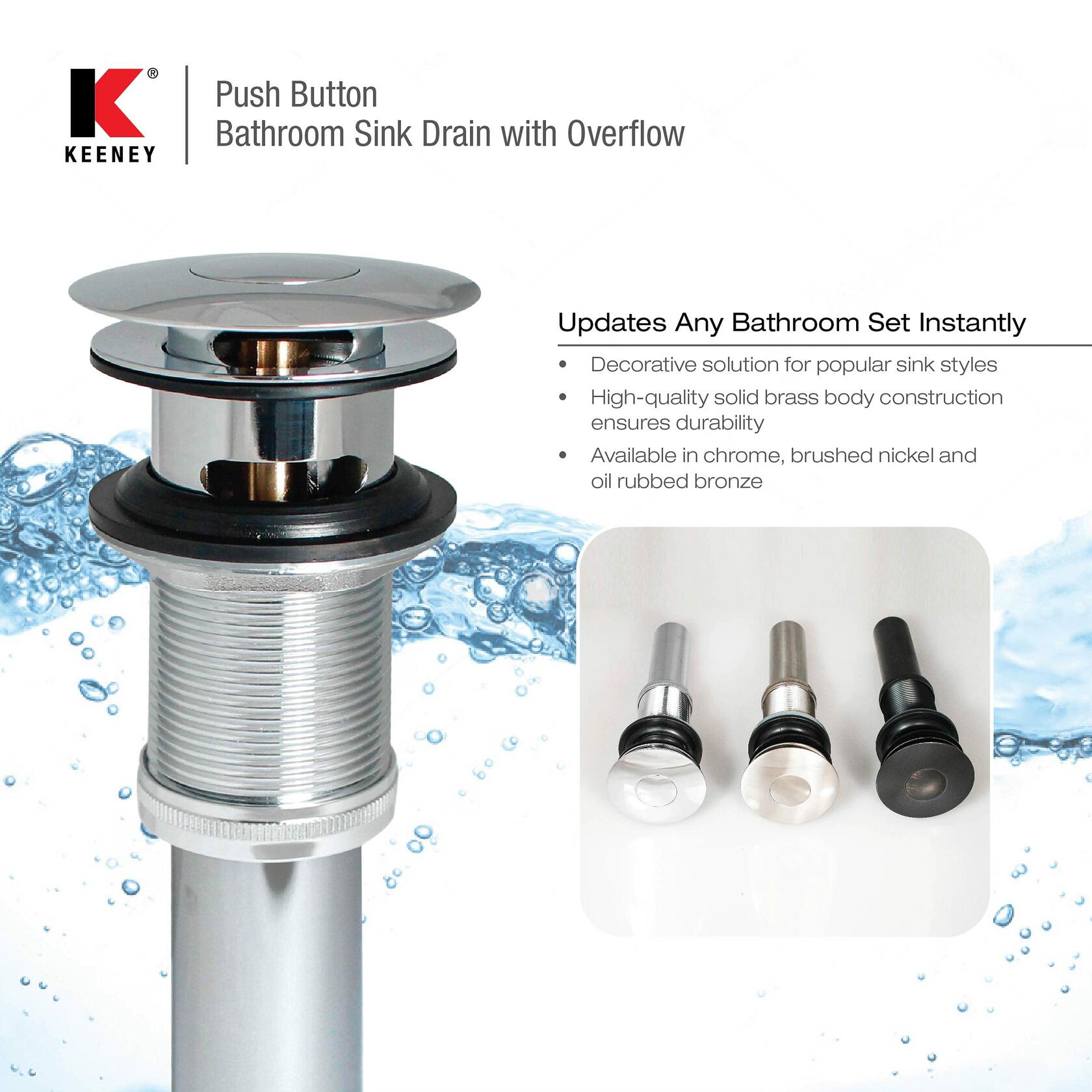Keeney Universal Button Bathroom Sink Drain with Overflow, Brushed Nickel