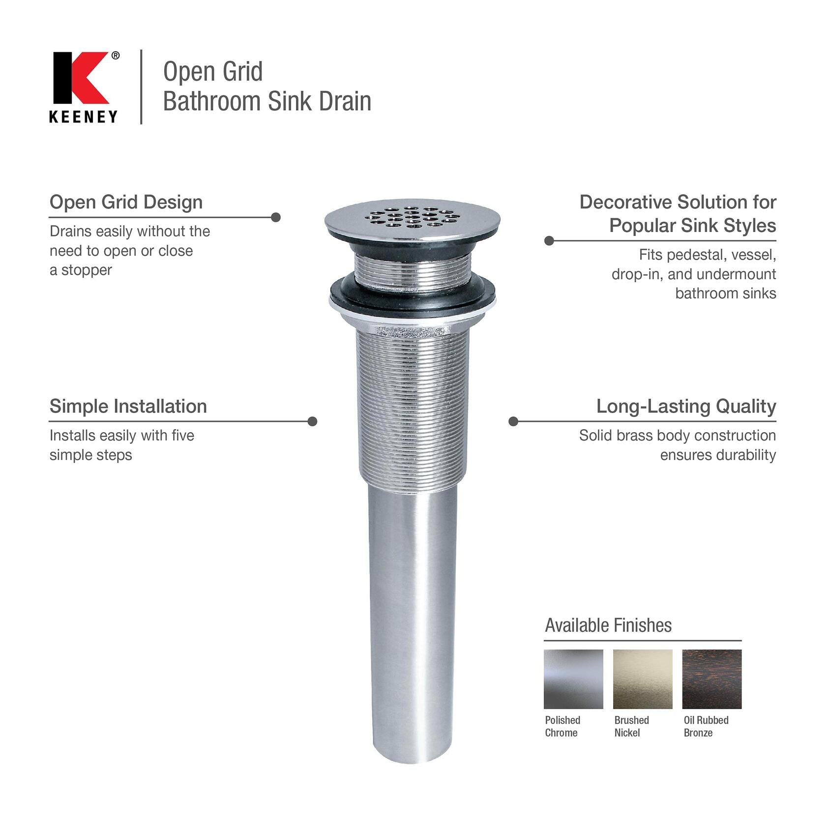 Keeney K820-74BRZ Universal Open Grid Bathroom Sink Drain Without Overflow - Oil Rubbed Bronze
