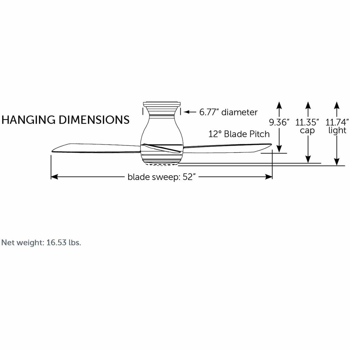 Fanimation Hugh 3 Blade Ceiling Fan 11.74 Inches Tall and 52 Inches Wide with Black Finish and Black Blades