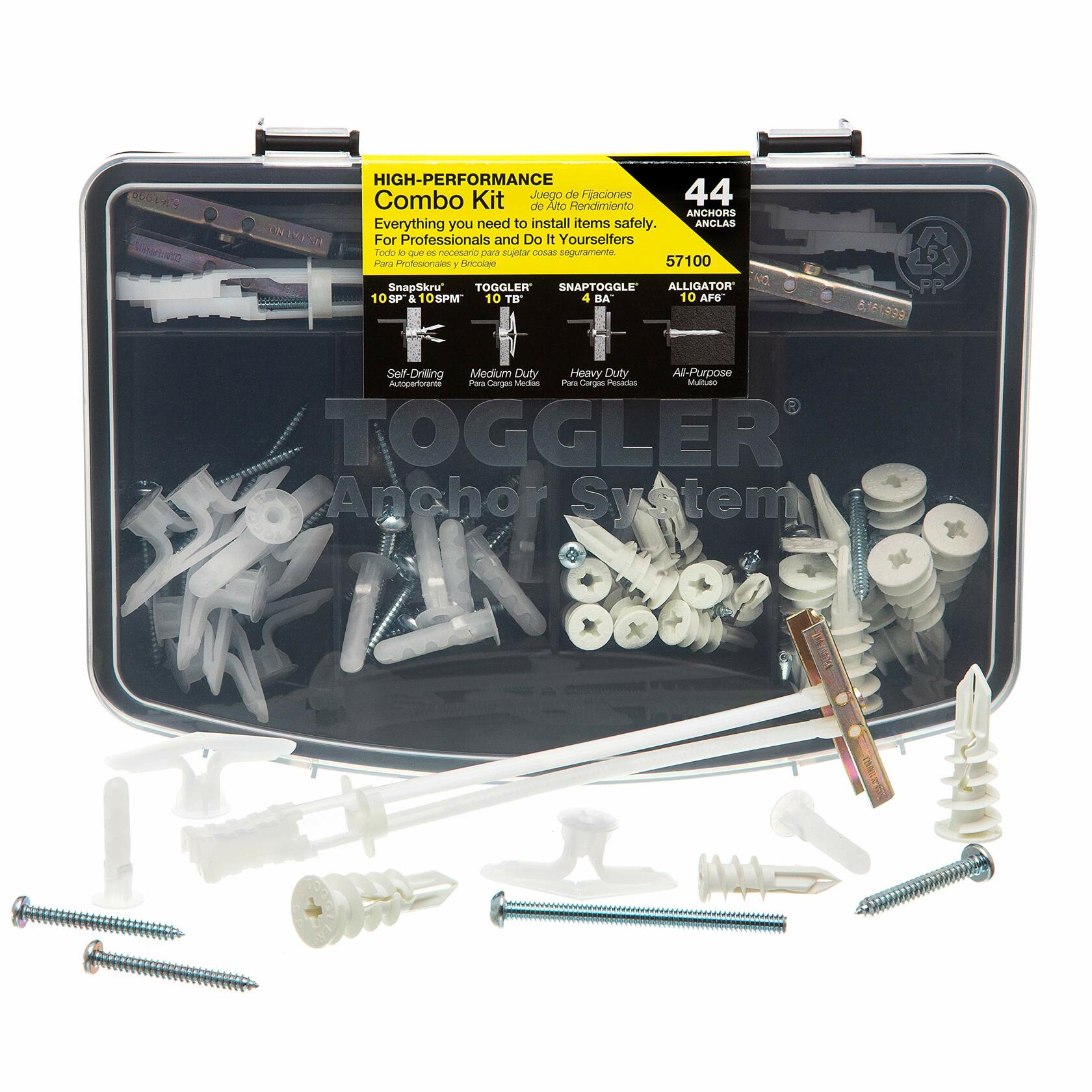 Toggler 44-Piece Combo Anchor Kit - Heavy Duty Industrial Drywall Mounting Toggle Screws & Bolts Assortment - Safe Concrete Wall Anchoring for TV, Bike, Shelf Straps, Cabinet & Decoration