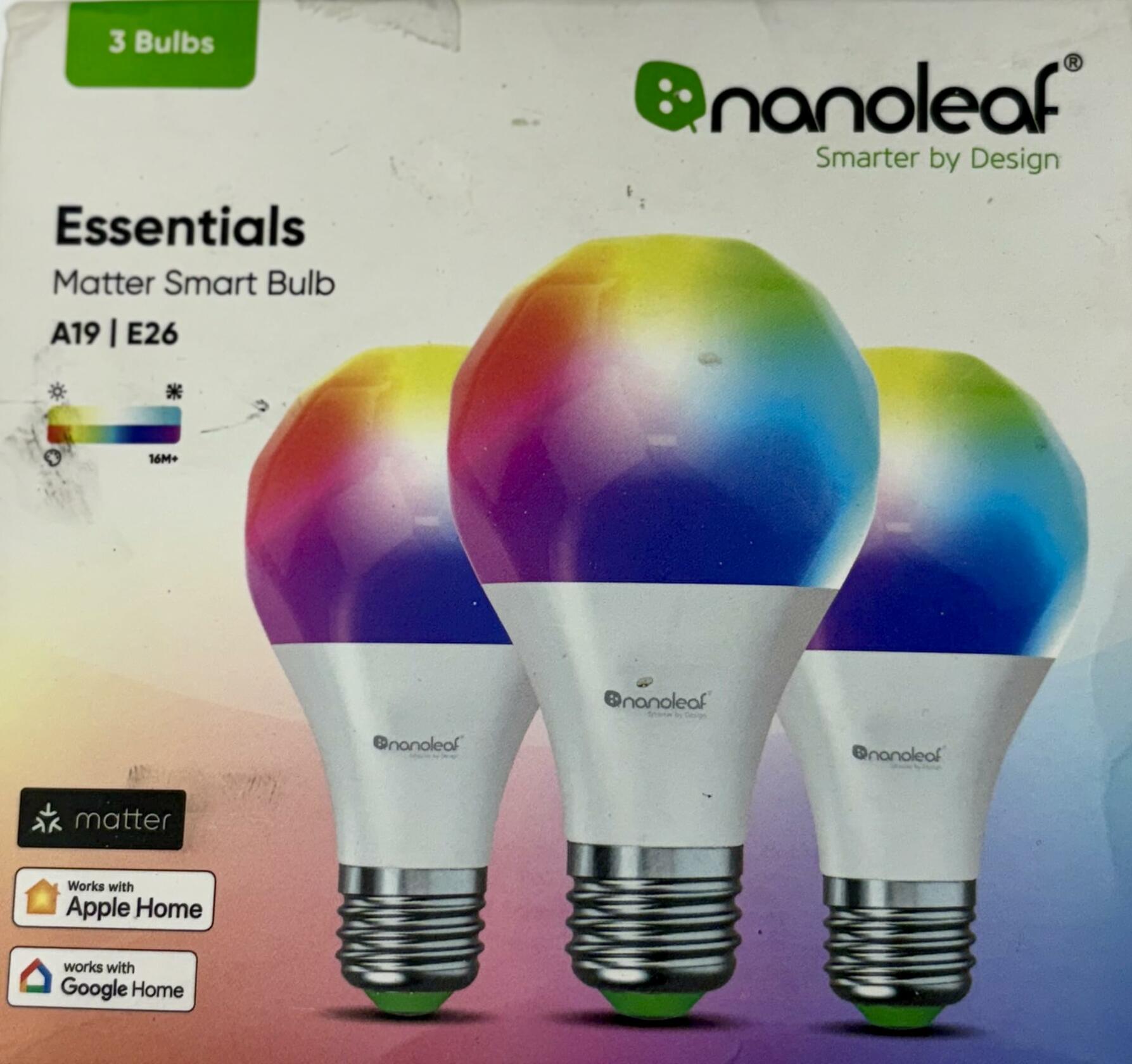 Nano Leaf Essentials Smart LED Color-Changing Light Bulb (60W) - RGB & Warm to Cool Whites, App & Voice Control (Works with Apple Home, Google Home, Samsung SmartThings) (Matter A19 (3 Pack))