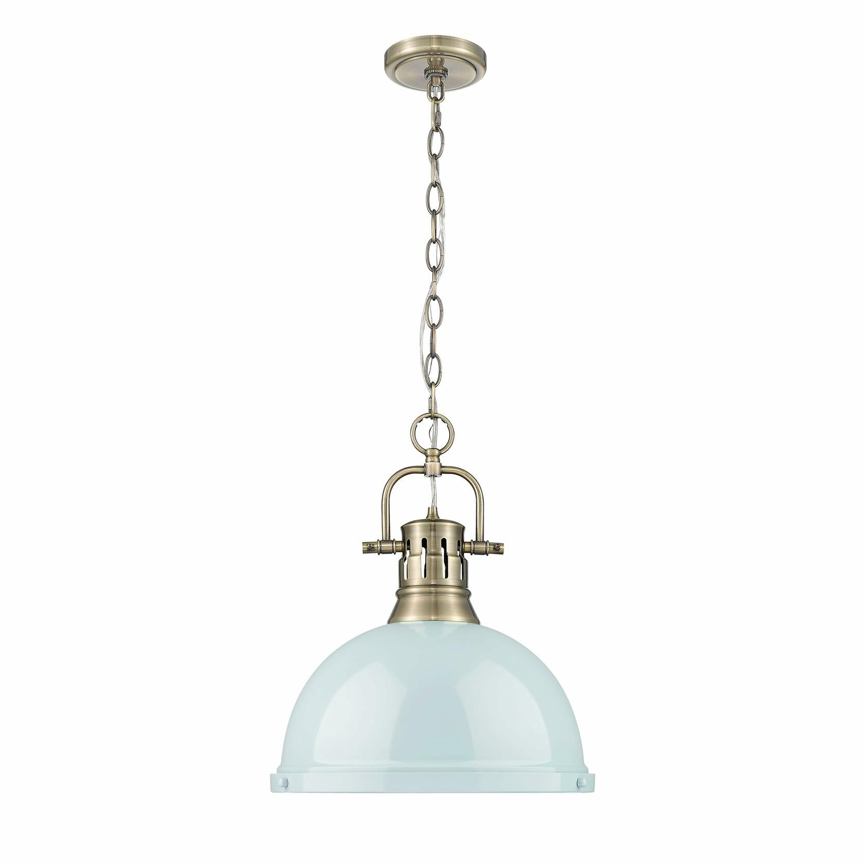 Golden Lighting 3602-L AB-SF Duncan Pendant, 14" L x 14" W x 16.875" H, Aged Brass with Seafoam Shade