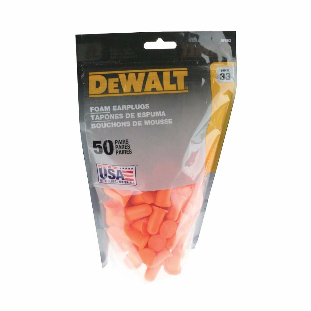 DEWALT DPG63BG50 Orange Bell Shaped Foam Earplugs - NRR 33 dB - Uncorded - 50 Pair Resealable Contractor Bag - Made in USA - ANSI S3.19 Compliant