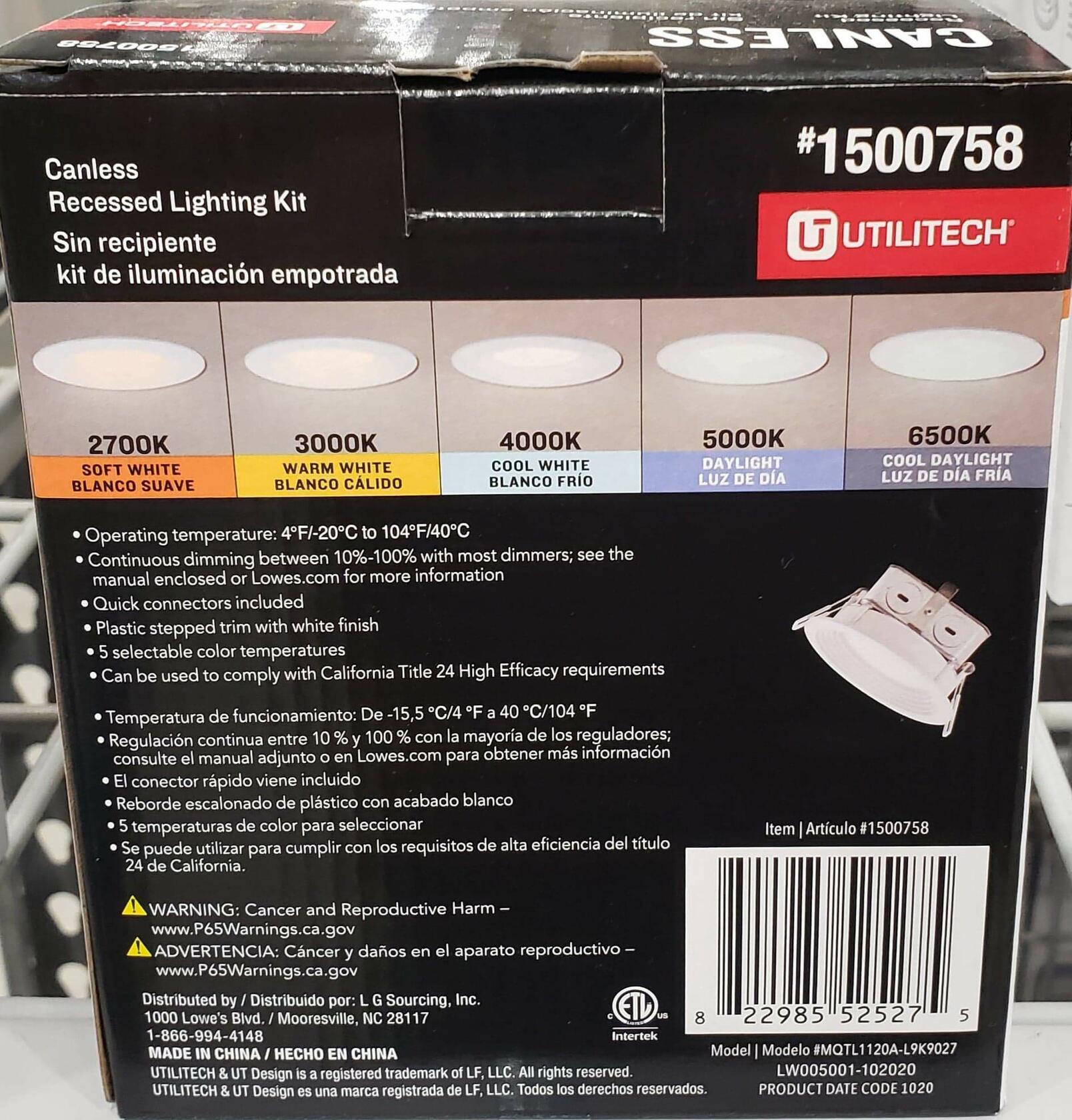 Utilitech Color Changing 4-in 55-Watt Equivalent White Round Dimmable Recessed Downlight Canless MQTL1120A-L9K9027 4 Inches