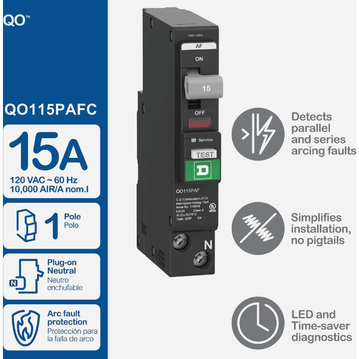 Square D QO 15 amps Arc Fault/Ground Fault Single Pole Circuit Breaker