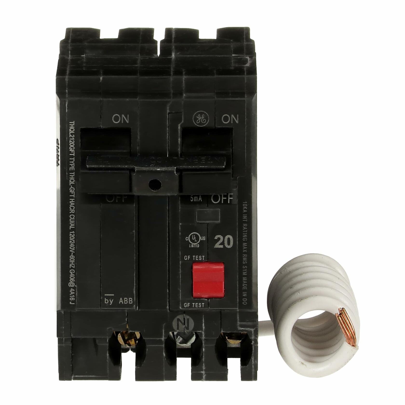 ABB Q-Line® THQL2120GFTP 20A Double Pole Circuit Breaker • 20 Amp Double Pole Ground Fault Breaker with Self-Test • 120/240 VAC 2-Pole GFCI Breaker • Ground Fault Circuit Interrupter