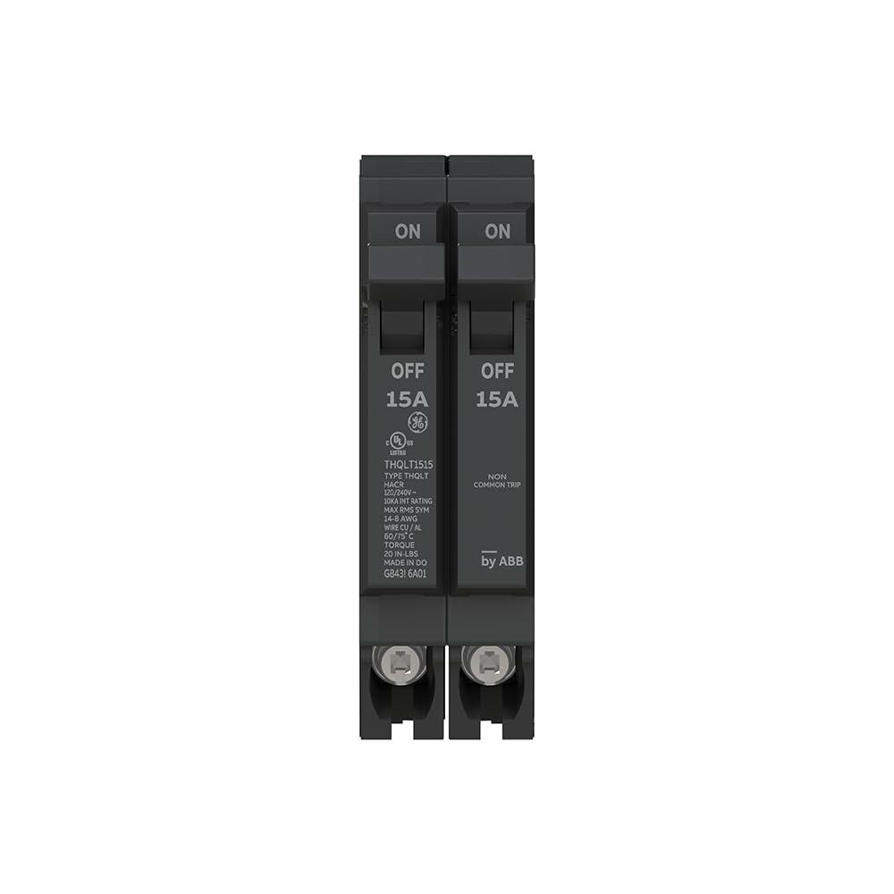 ABB Q-Line THQLT1515 Tandem Circuit Breaker • 15A/1P & 15A/1P Dual Circuit Breaker for Single Slot • 120/240V, 10 kAIC • HACR & SWD Rated • Space-Saving Design • Plug-in Mount